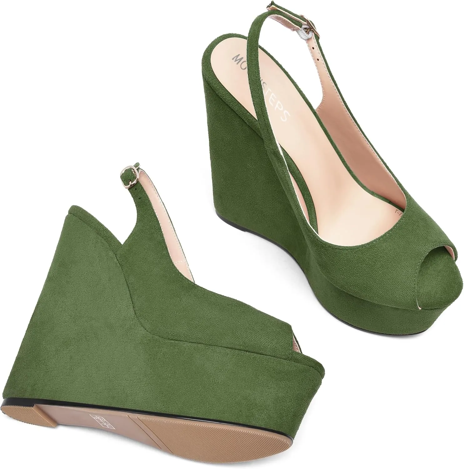 MOVINSTEPS Womens Platform Wedding Buckle Peep Toe Slingback Solid Dress Suede Wedge High Heel Pumps Shoes 6 Inch