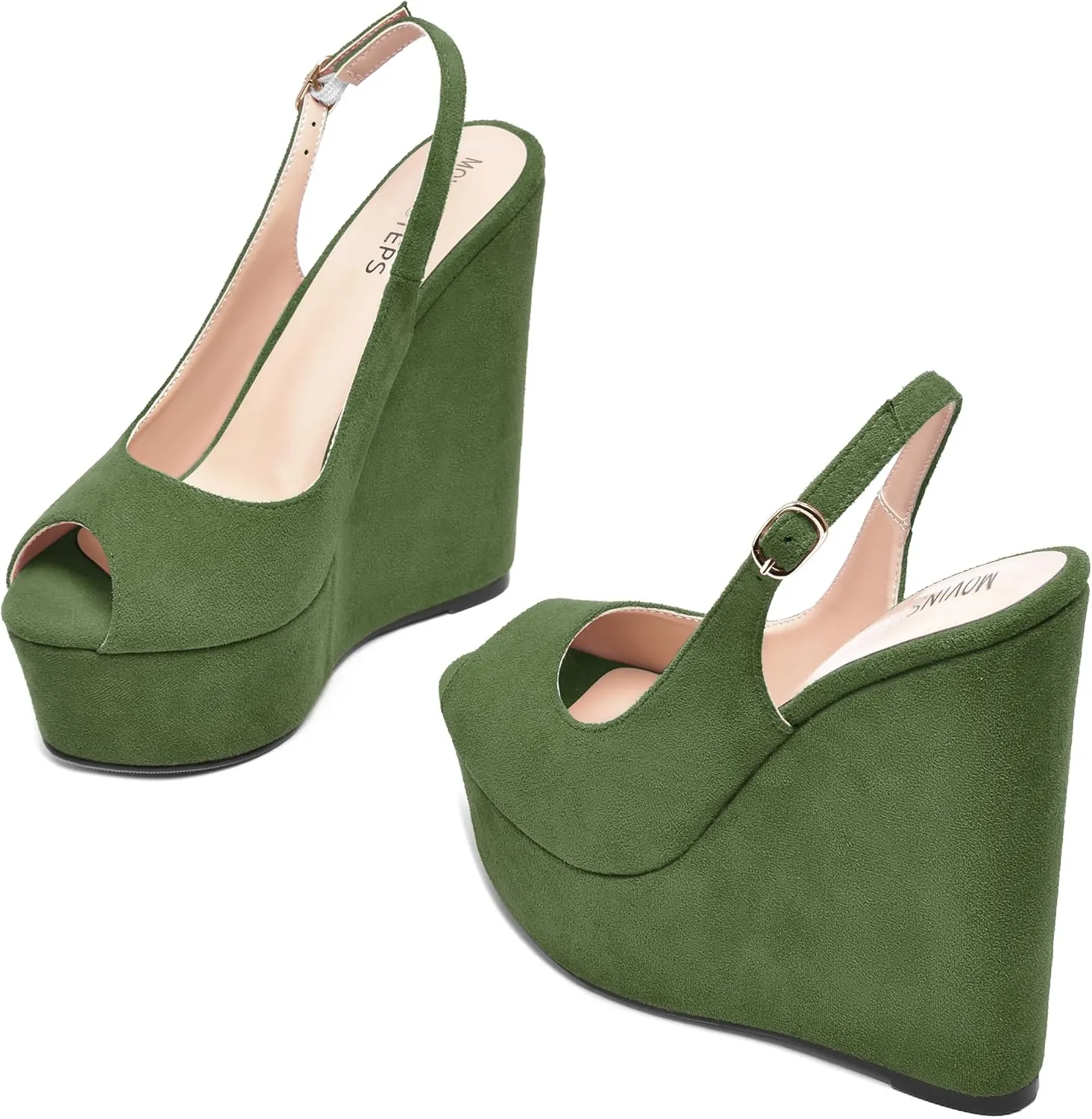 MOVINSTEPS Womens Platform Wedding Buckle Peep Toe Slingback Solid Dress Suede Wedge High Heel Pumps Shoes 6 Inch