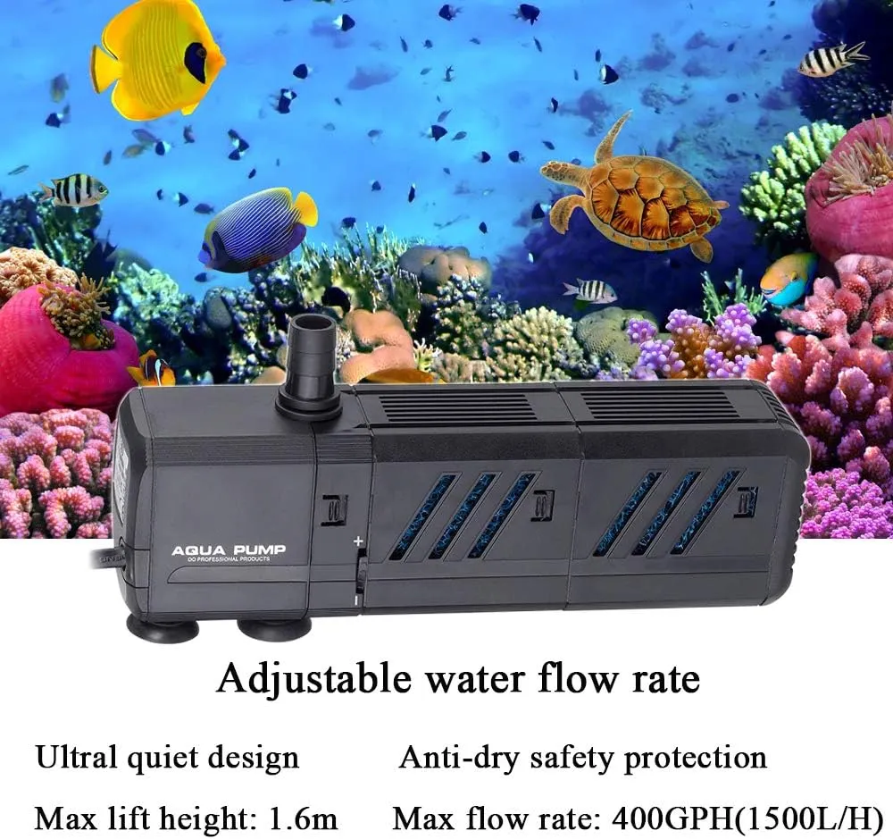 MQ 400GPH Submersible Water Pump (1500L/H, 15W) with Filters and Water Nozzles, Ultra Quiet for Aquarium, Fish Tank, Pond, Fountain, Hydroponics