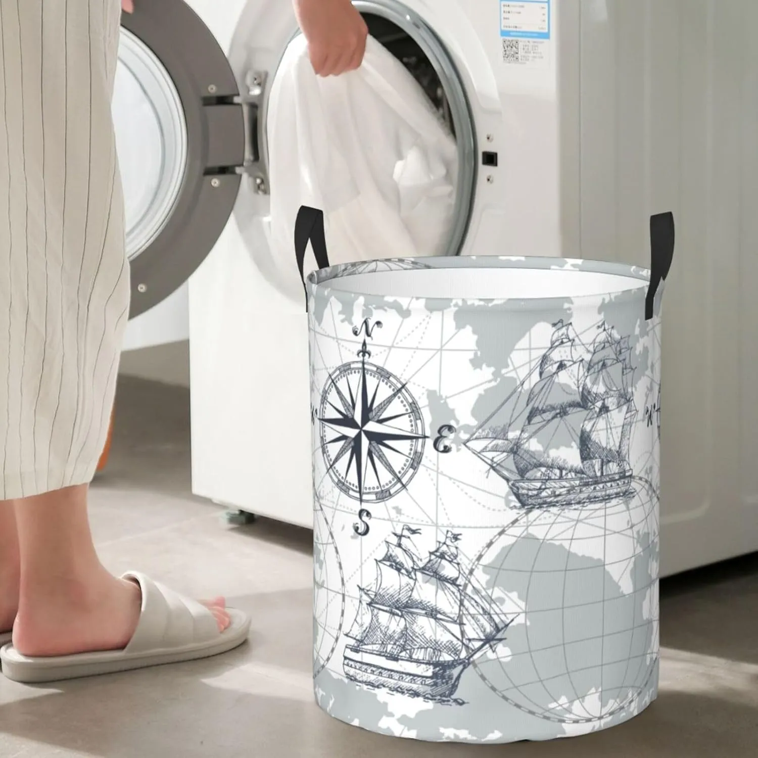 Nautical Sailboat Map Sketch Pirate Ship Wheel Compas Handles Circular Laundry Hamper, Dorm Pillows Storage Bag