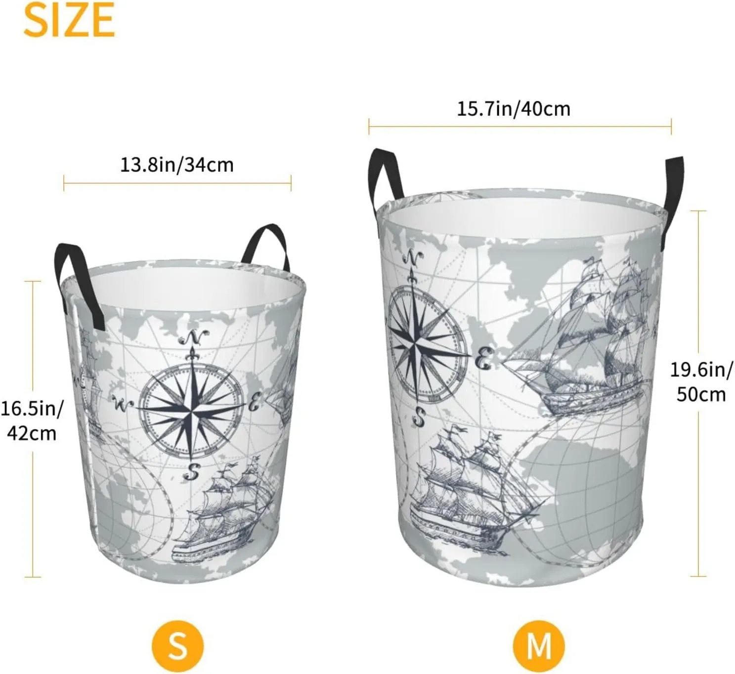 Nautical Sailboat Map Sketch Pirate Ship Wheel Compas Handles Circular Laundry Hamper, Dorm Pillows Storage Bag