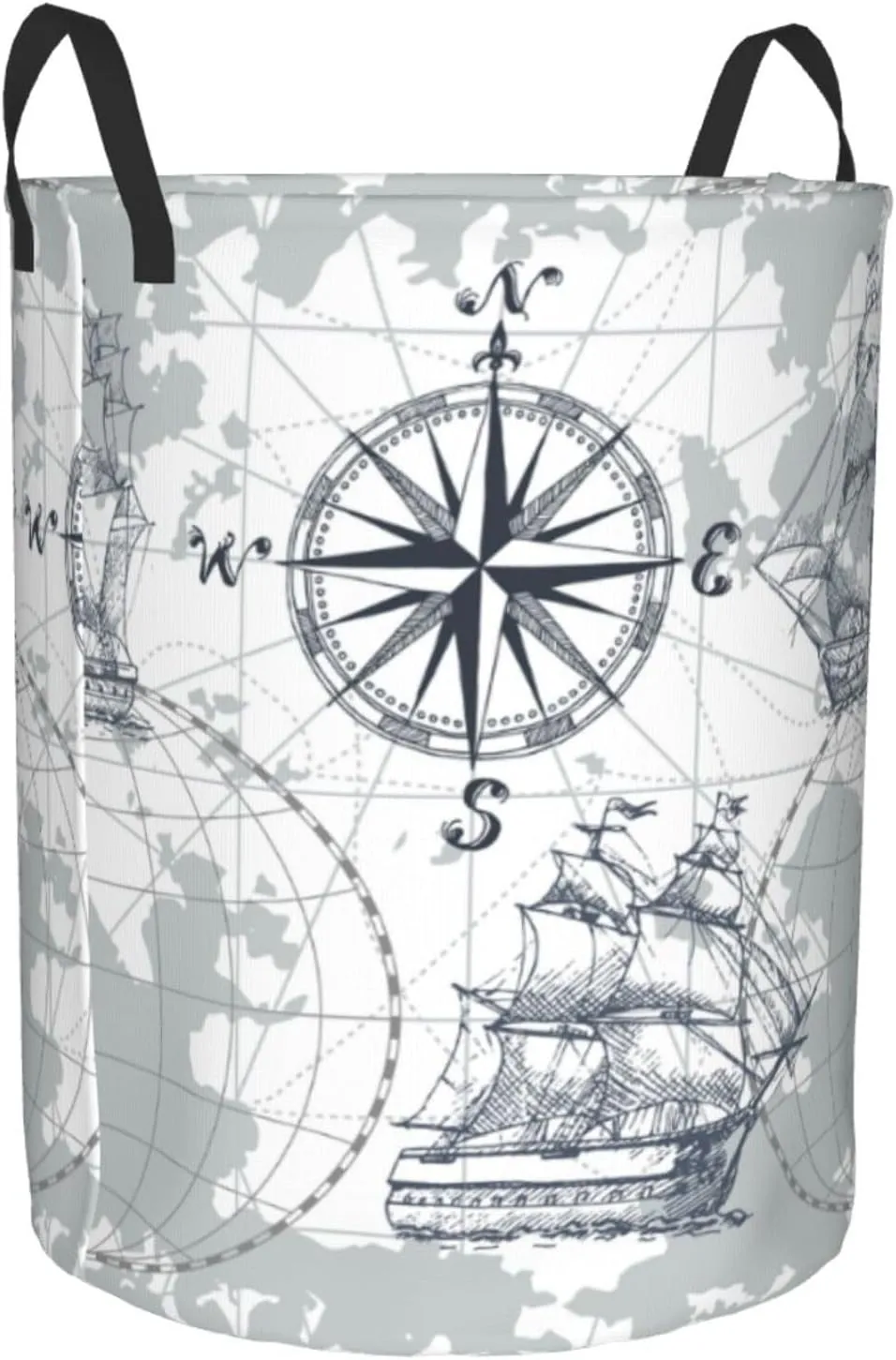 Nautical Sailboat Map Sketch Pirate Ship Wheel Compas Handles Circular Laundry Hamper, Dorm Pillows Storage Bag