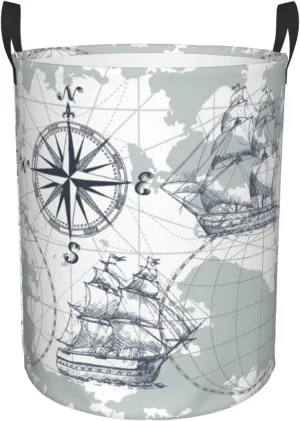 Nautical Sailboat Map Sketch Pirate Ship Wheel Compas Handles Circular Laundry Hamper, Dorm Pillows Storage Bag