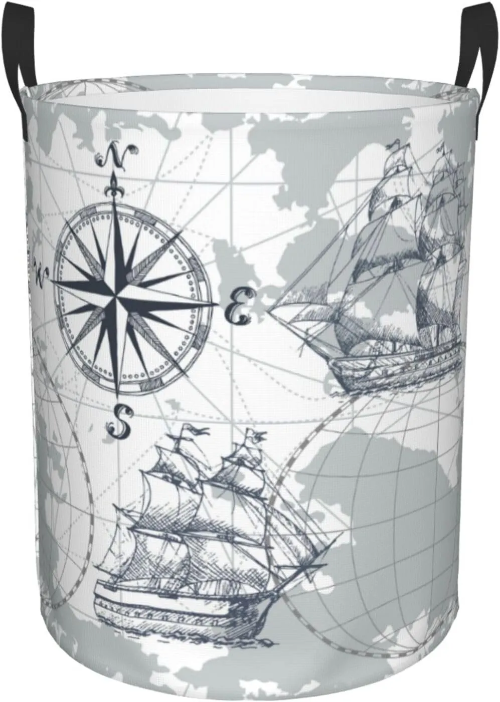 Nautical Sailboat Map Sketch Pirate Ship Wheel Compas Handles Circular Laundry Hamper, Dorm Pillows Storage Bag