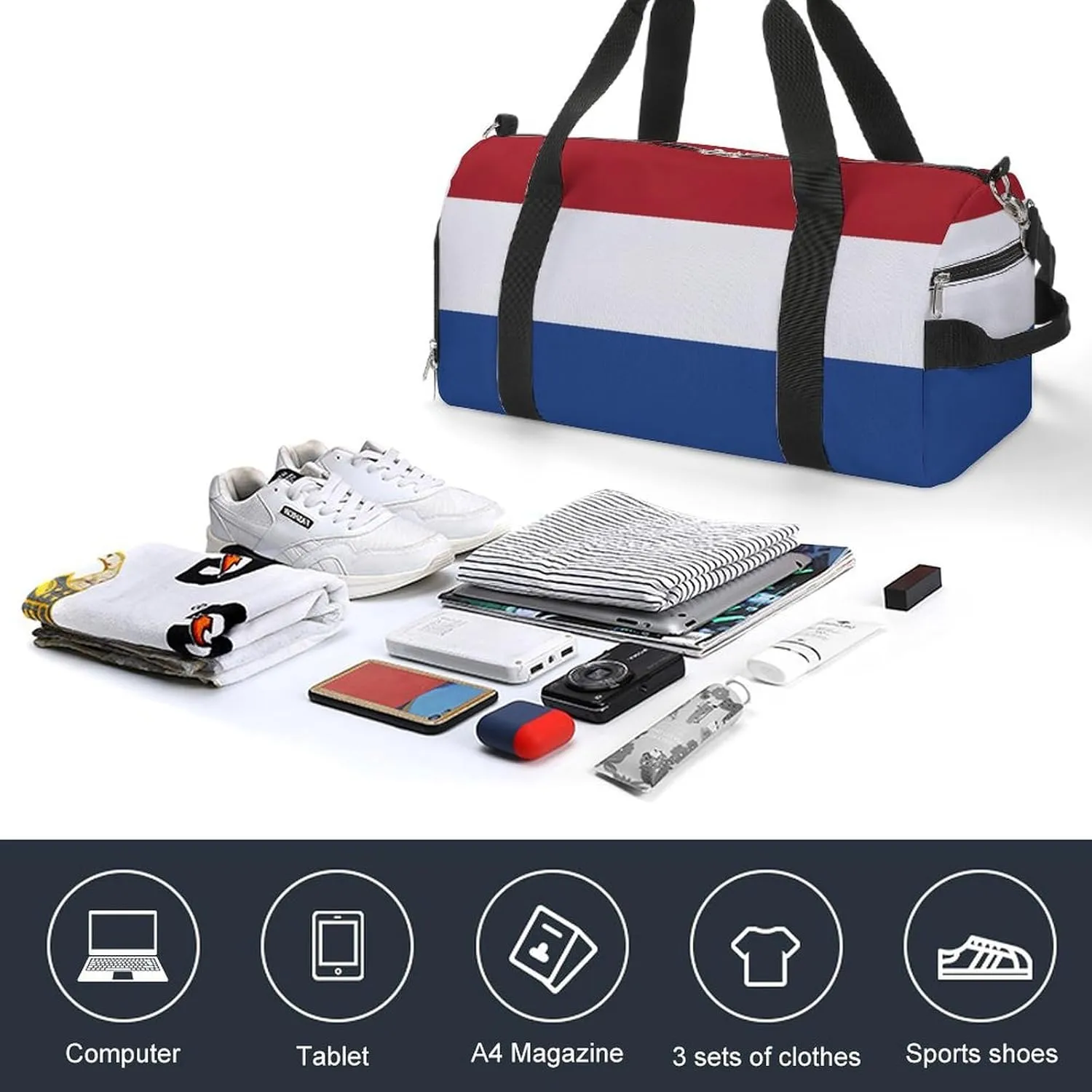 Netherlands Flag Sports Duffel Bag for Men Women with Wet Pocket Shoe Compartment