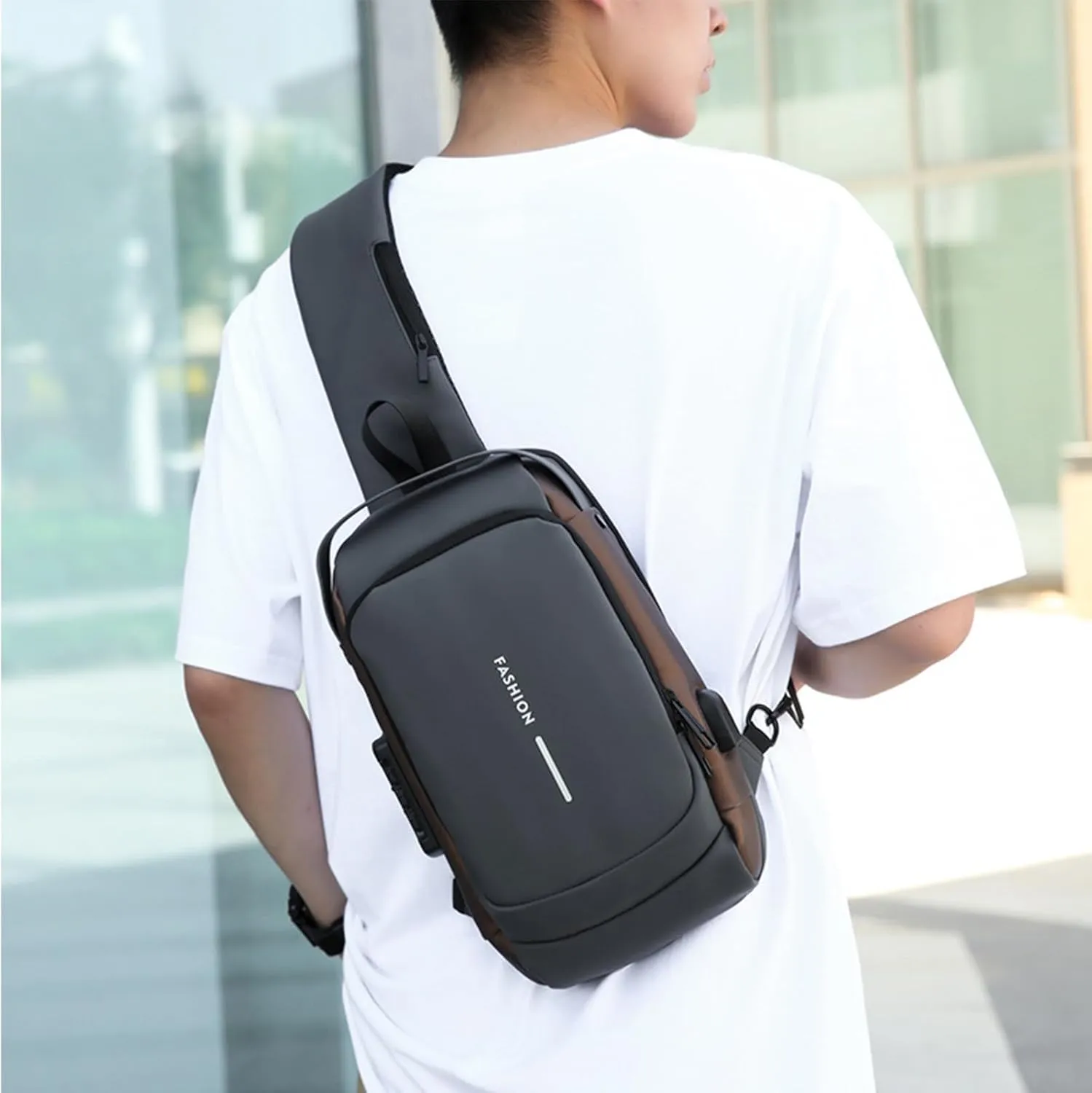 New Carbon Fiber Streamline Anti-Theft Sport Sling Bag, Waterproof Shoulder Backpack with USB Charging Port Daypack (Gray gold)