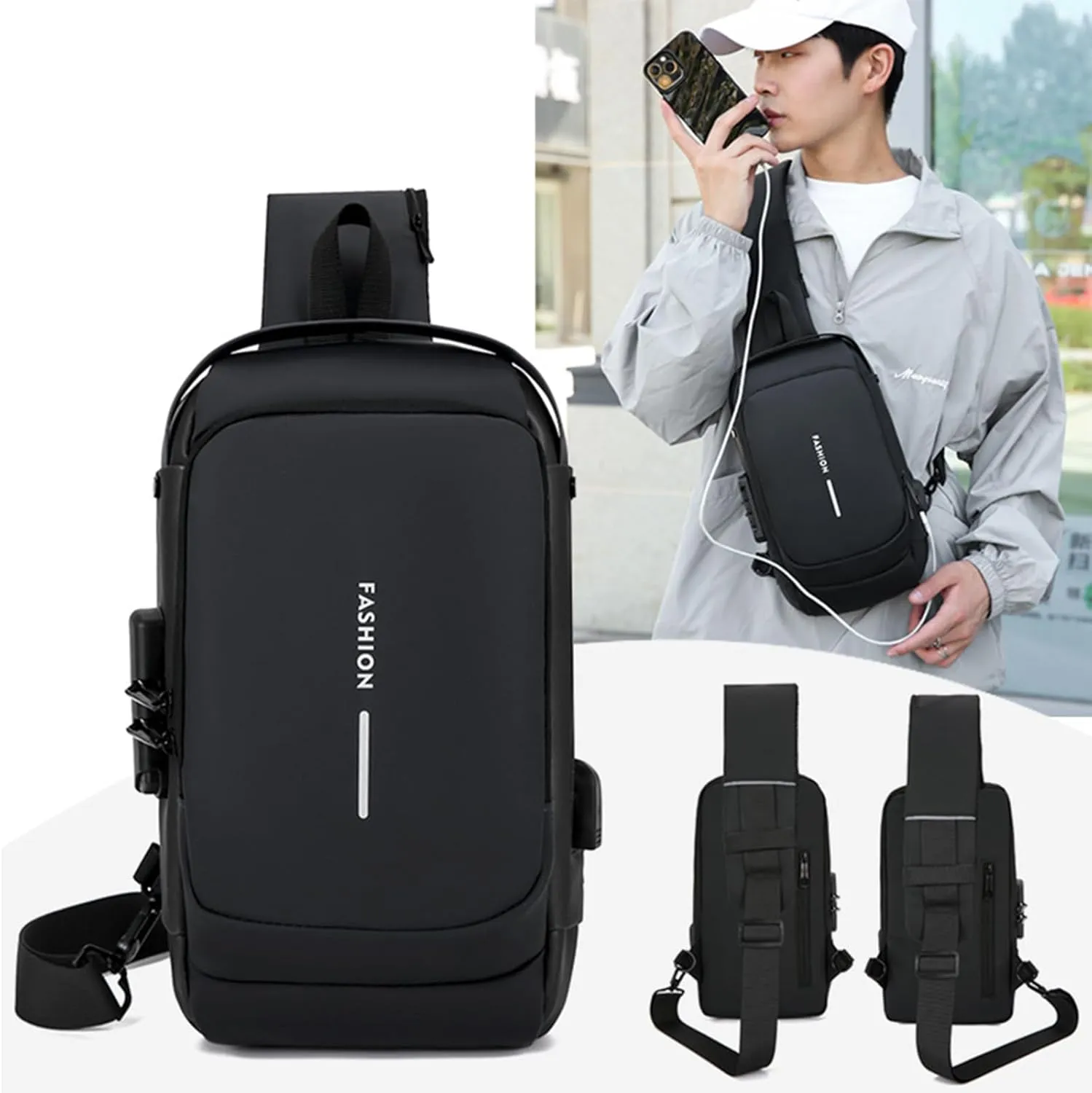 New Carbon Fiber Streamline Anti-Theft Sport Sling Bag, Waterproof Shoulder Backpack with USB Charging Port Daypack (Gray gold)