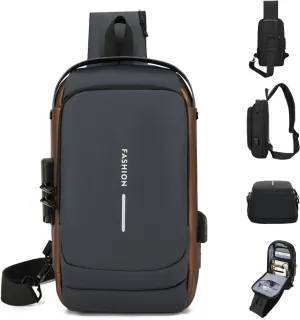 New Carbon Fiber Streamline Anti-Theft Sport Sling Bag, Waterproof Shoulder Backpack with USB Charging Port Daypack (Gray gold)