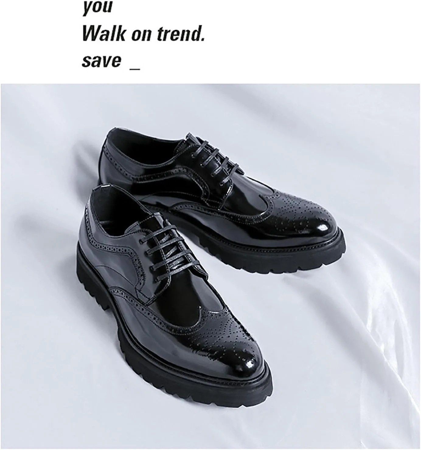 New Men's Business Formal Shoes， Lace-up Patent Leather Trendy Hollowout Footwear with Increased Inner Bottom Casual Wedding Groom Shoes