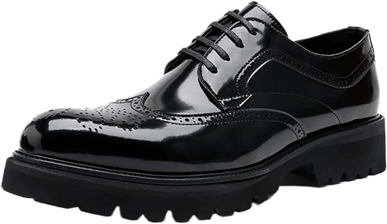 New Men's Business Formal Shoes， Lace-up Patent Leather Trendy Hollowout Footwear with Increased Inner Bottom Casual Wedding Groom Shoes