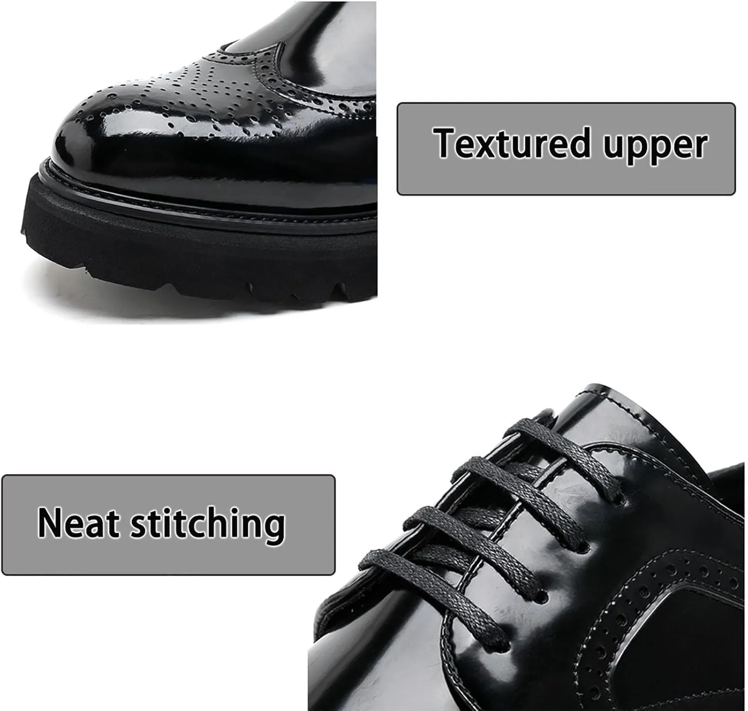 New Men's Business Formal Shoes， Lace-up Patent Leather Trendy Hollowout Footwear with Increased Inner Bottom Casual Wedding Groom Shoes