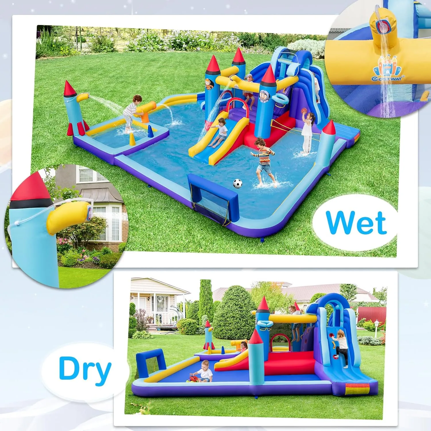 OLAKIDS Inflatable Water Slide, 10 in 1 Rocket Theme Bounce House Water Park with 2 Slides Splash Pool Volleyball Soccer Gate, Outdoor Inflatable Obstacle Course for Kids Backyard (with 950W)