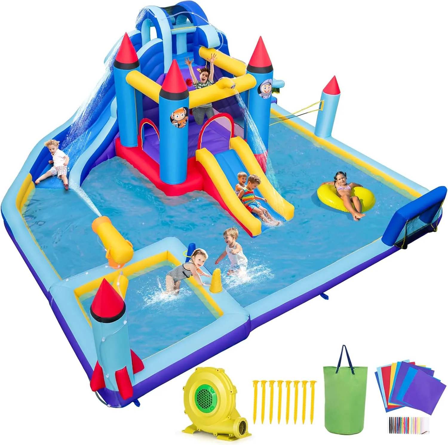 OLAKIDS Inflatable Water Slide, 10 in 1 Rocket Theme Bounce House Water Park with 2 Slides Splash Pool Volleyball Soccer Gate, Outdoor Inflatable Obstacle Course for Kids Backyard (with 950W)