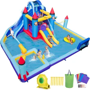 OLAKIDS Inflatable Water Slide, 10 in 1 Rocket Theme Bounce House Water Park with 2 Slides Splash Pool Volleyball Soccer Gate, Outdoor Inflatable Obstacle Course for Kids Backyard (with 950W)