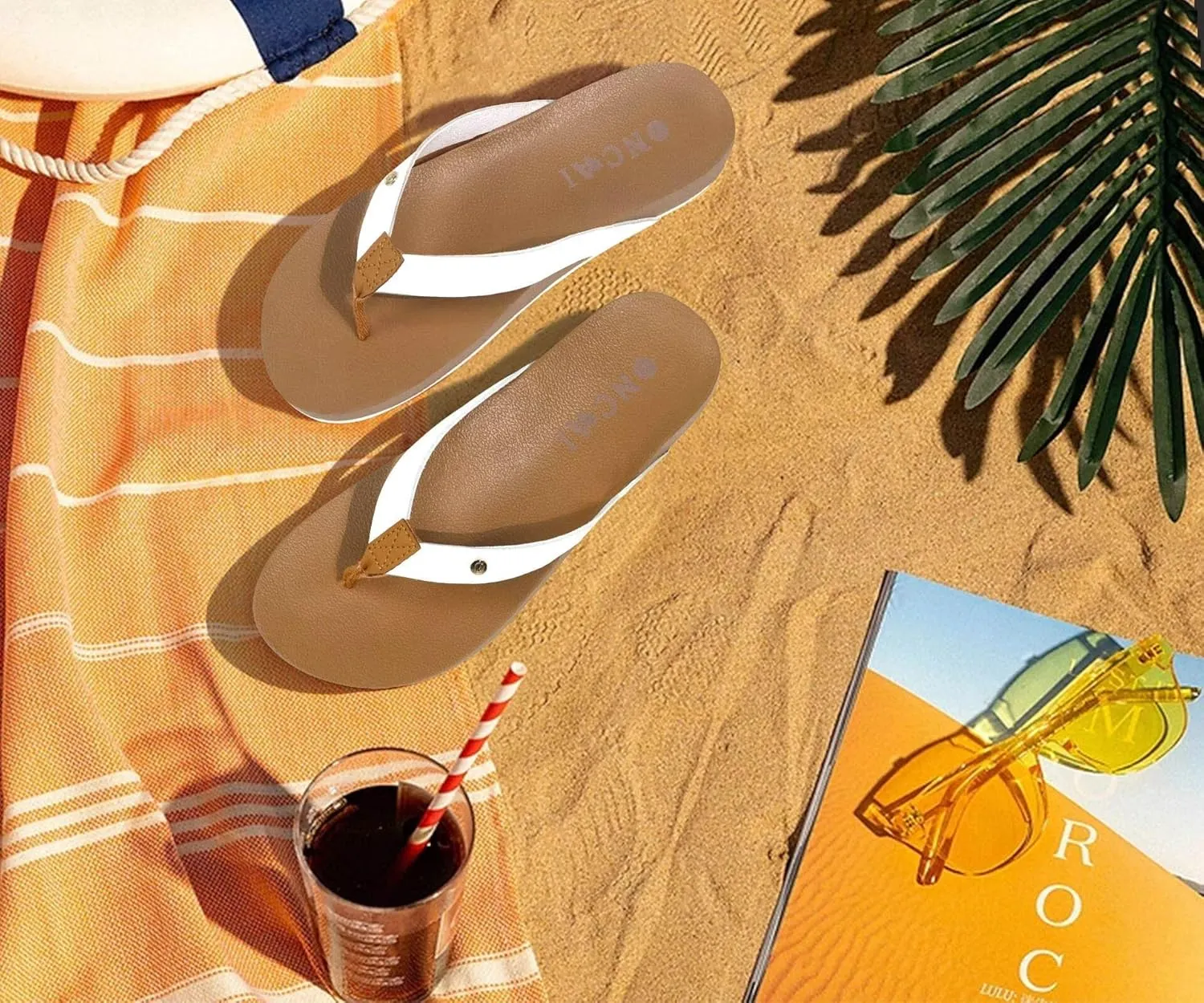 ONCAI Womens Flip Flops For Women Comfortable Leather Strap Yoga Mat Non-Slip Women's Thong Sandal Casual Summer Beach Slippers With Arch Support