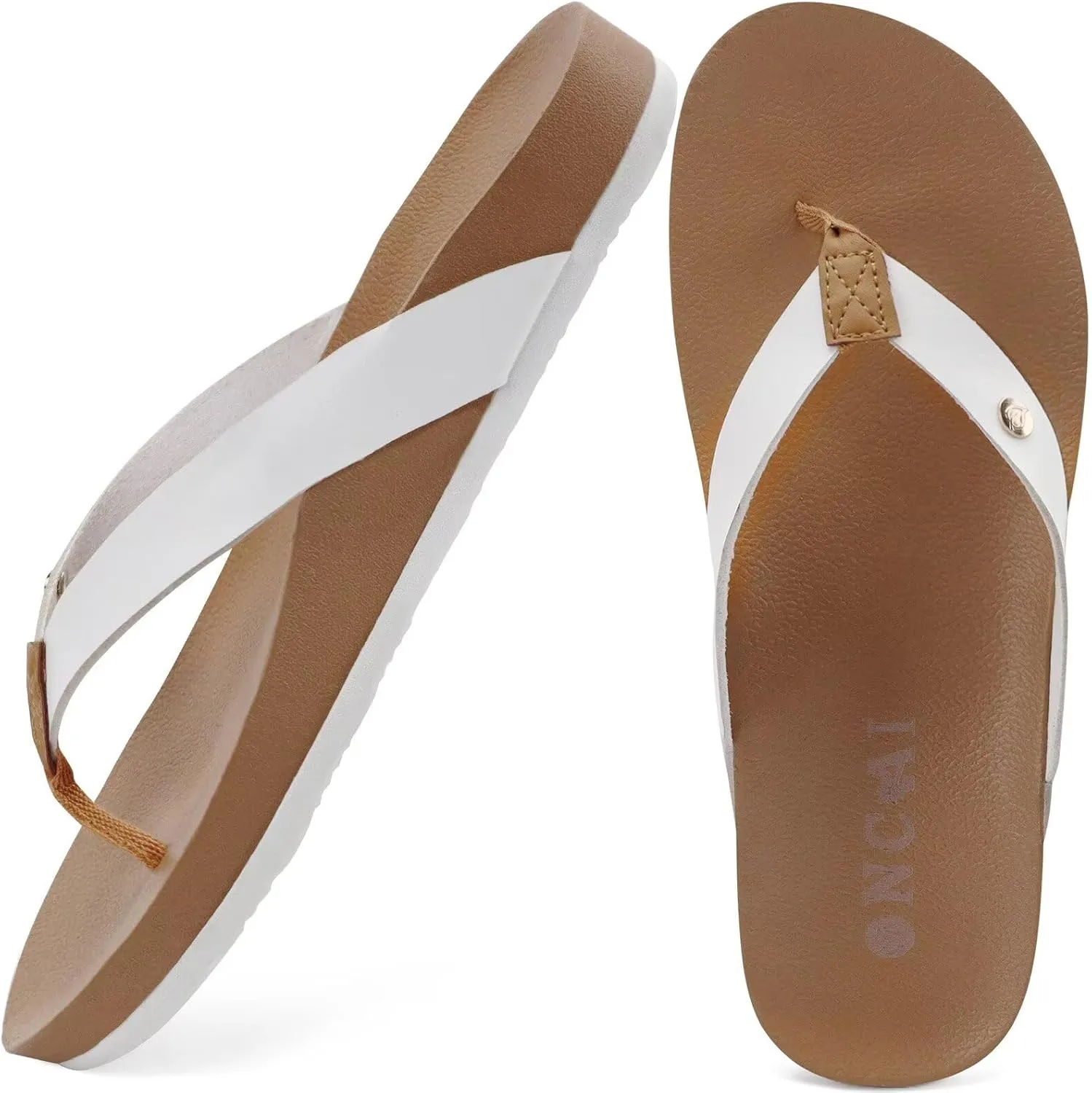 ONCAI Womens Flip Flops For Women Comfortable Leather Strap Yoga Mat Non-Slip Women's Thong Sandal Casual Summer Beach Slippers With Arch Support
