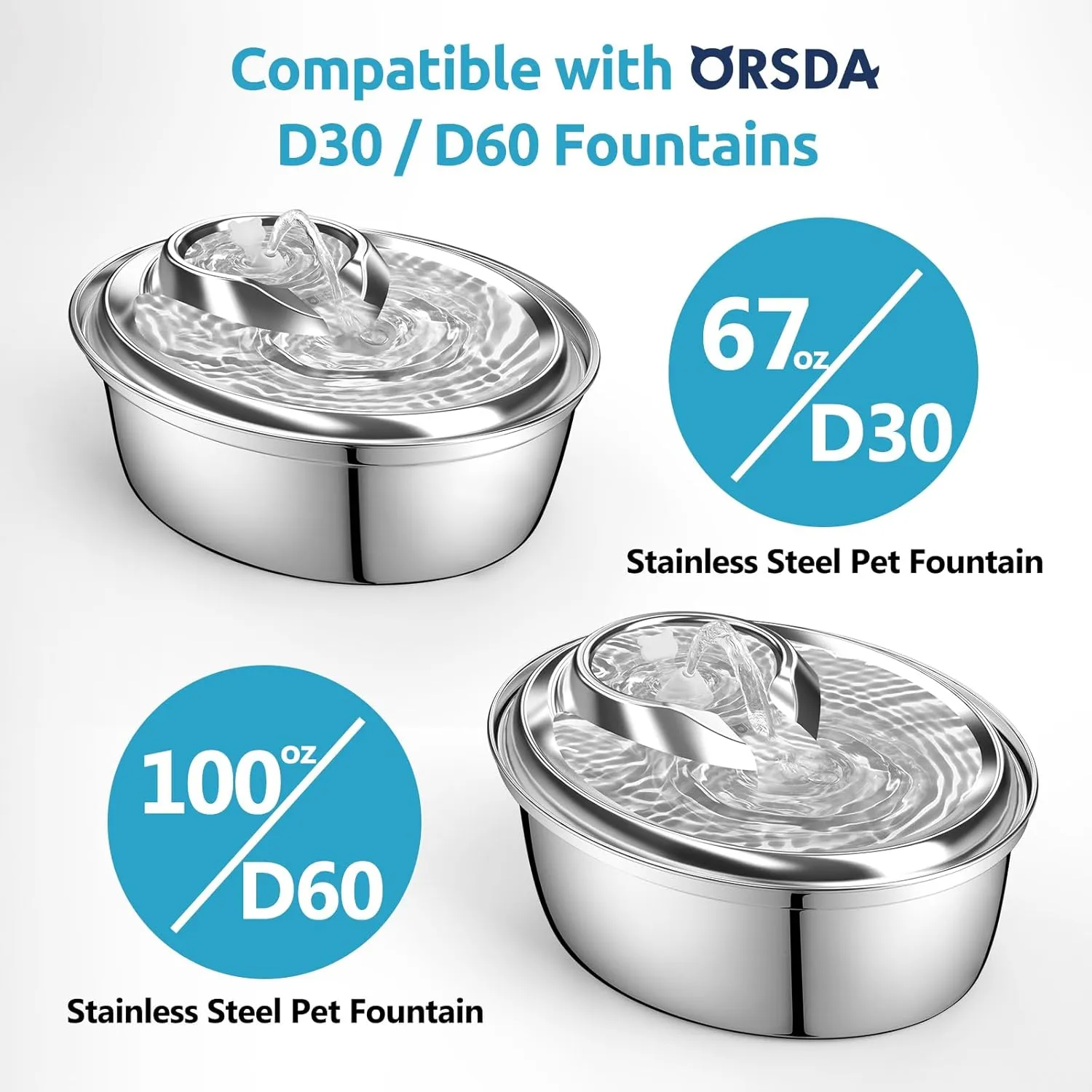 ORSDA Cat Water Fountain Pump for D30 / D60 Fountain, Water Pump Replacement No LED Light, Pet Water Fountain Motor Replacement for Stainless Steel Cat Dog Water Dispenser (Water Pump)