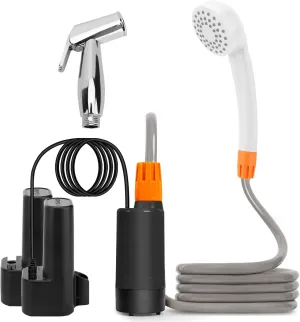 Outdoor Camp Shower Head with 2 Batteries,Handheld USB Rechargeable with 5.9ft Hose, 80min Working Time, 2 Waterflow Settings, Red Blue Indicator Light, Rotating Valve