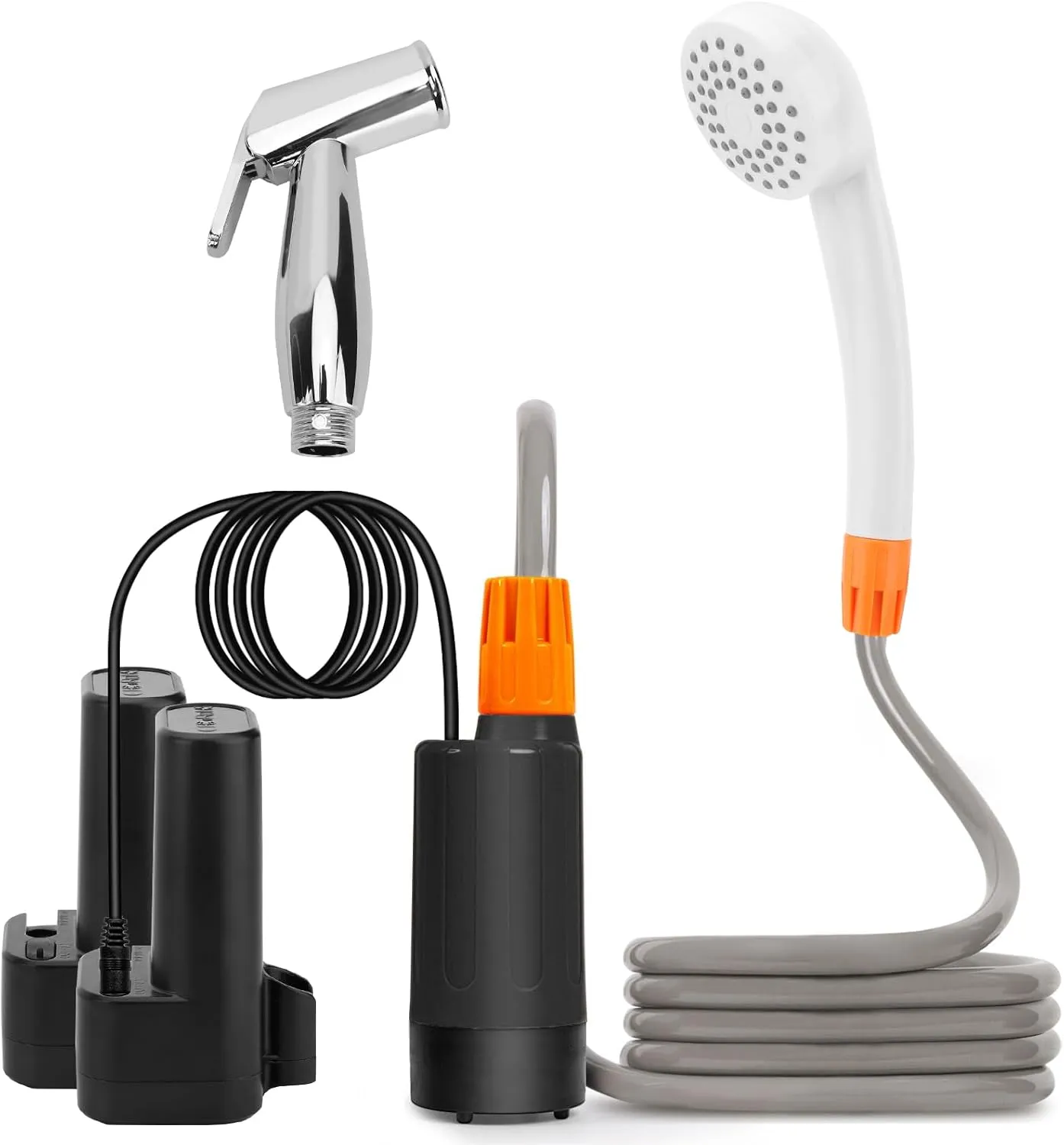 Outdoor Camp Shower Head with 2 Batteries,Handheld USB Rechargeable with 5.9ft Hose, 80min Working Time, 2 Waterflow Settings, Red Blue Indicator Light, Rotating Valve