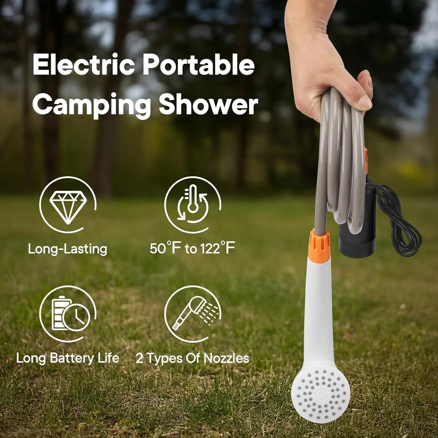Outdoor Camp Shower Head with 2 Batteries,Handheld USB Rechargeable with 5.9ft Hose, 80min Working Time, 2 Waterflow Settings, Red Blue Indicator Light, Rotating Valve