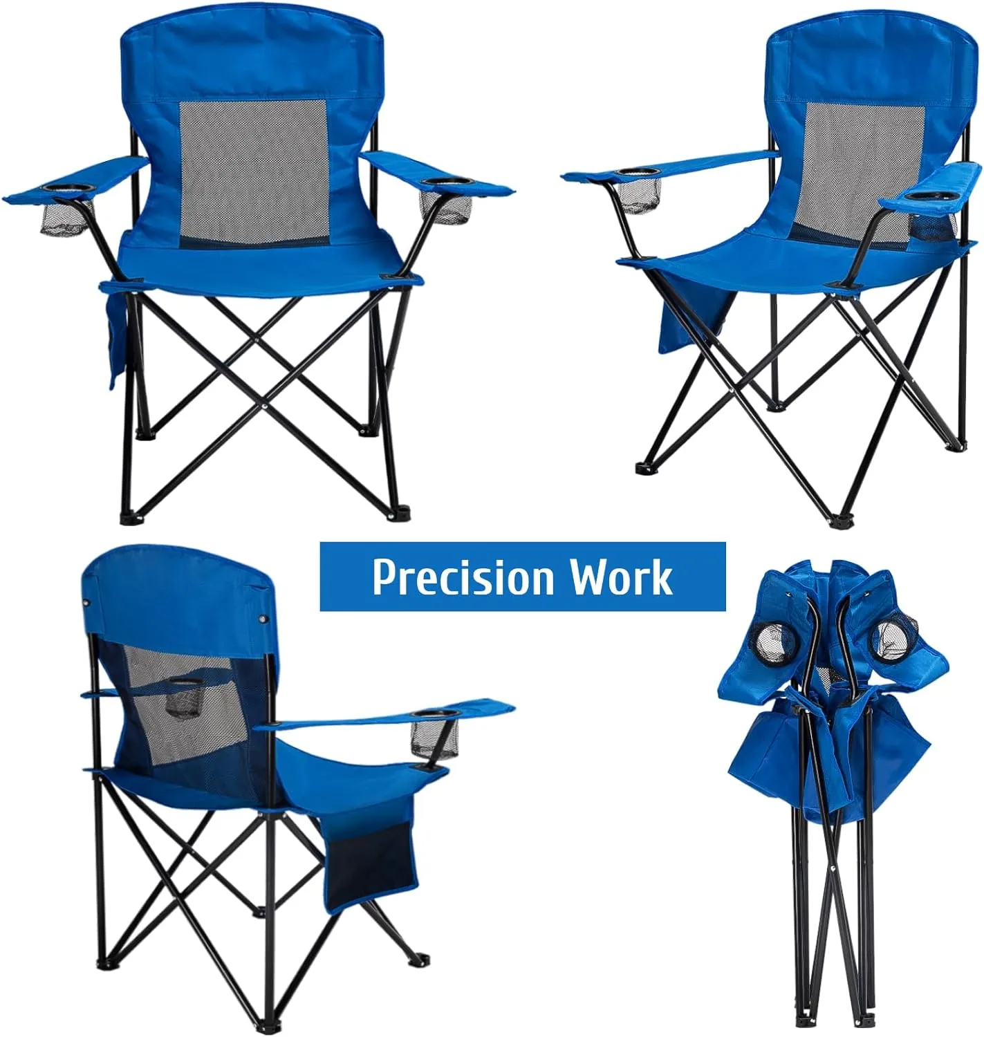 Outdoor Camping Chairs Set of 2, Folding Portable Foldable Lawn Chair Support 300lbs with Cooling Mesh Backrest, 2 Cup Holder, Side Pocket for Concert, Carry Bag for Sports(Blue Mesh,2 Pack)