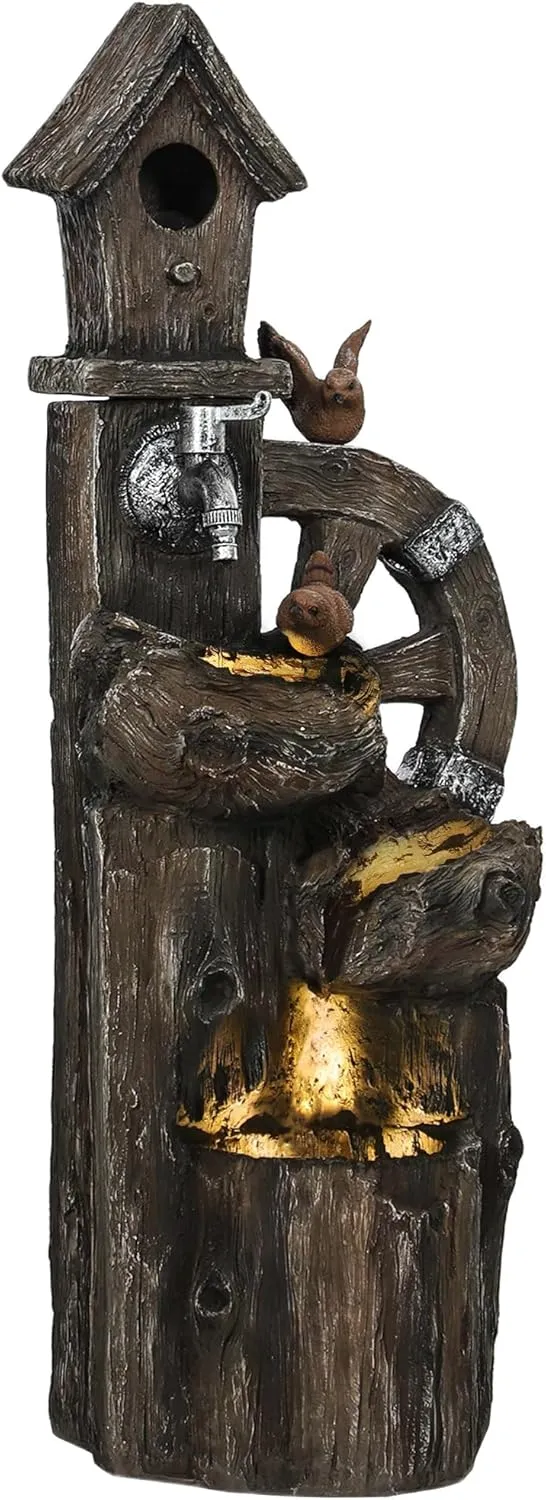 Outsunny Outdoor Water Fountain, Decorative Garden Birdhouse, 3-Tier Cascading Waterfall with LED Lights and Water Wheel, Soothing Tranquility for Home Garden, Yard Decor