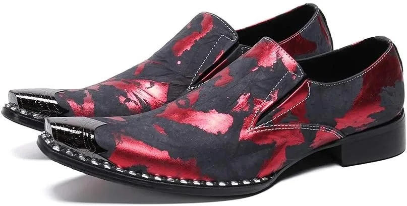 Oxford for Men Work Shoes Slip On StyleGenuine Leather Block Heel Retro Iron Pointed Toe Embossed Casual Business