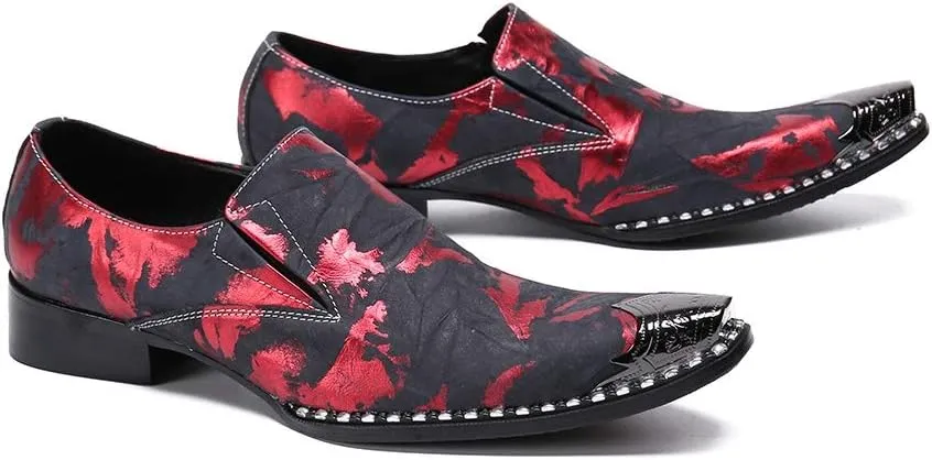 Oxford for Men Work Shoes Slip On StyleGenuine Leather Block Heel Retro Iron Pointed Toe Embossed Casual Business