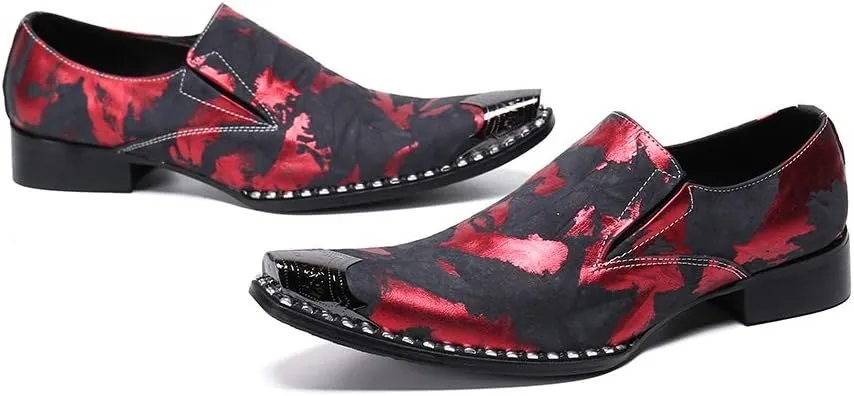 Oxford for Men Work Shoes Slip On StyleGenuine Leather Block Heel Retro Iron Pointed Toe Embossed Casual Business