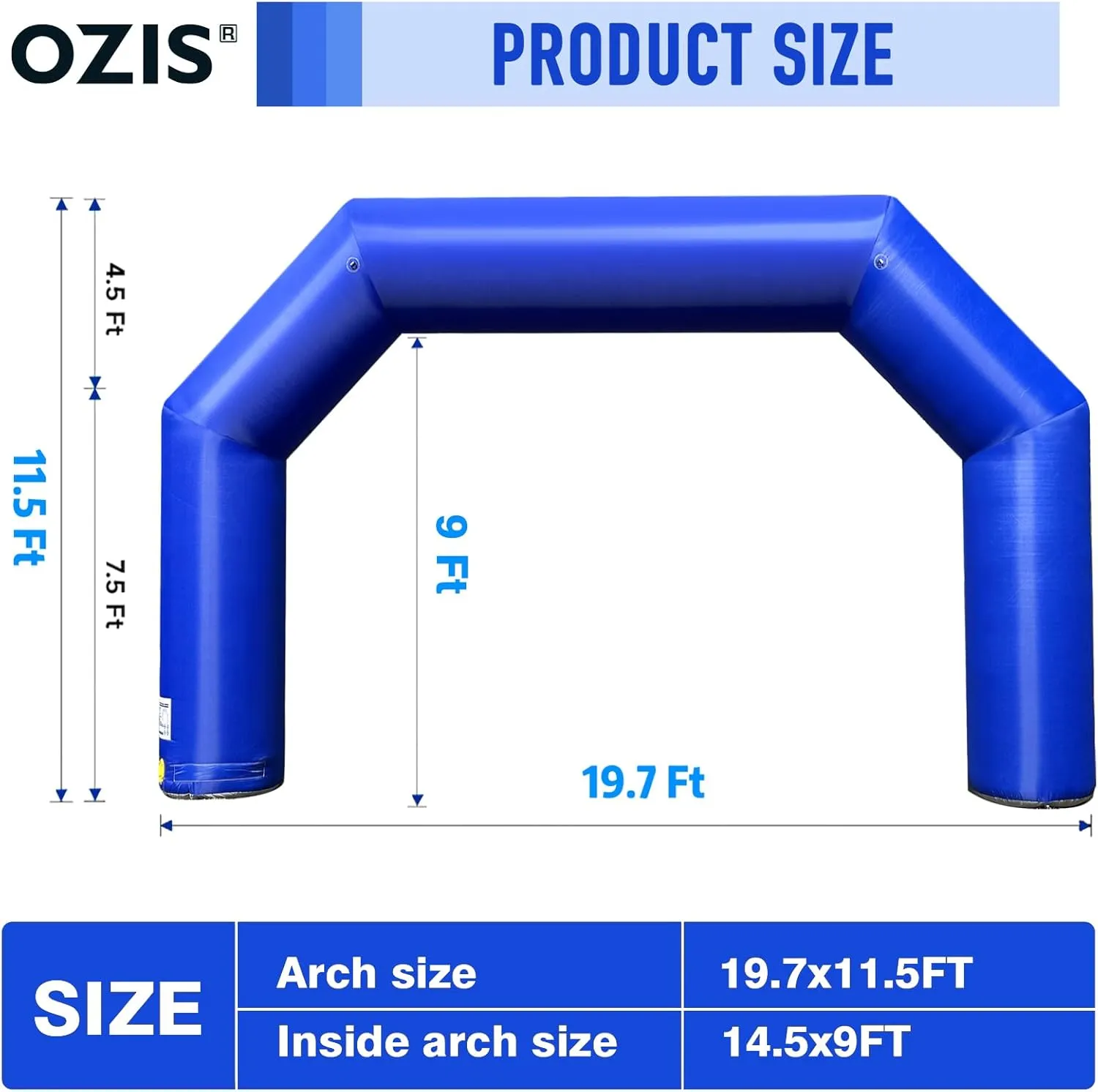 OZIS Inflatable Arch Blue 20ft, Inflatable Archway Built in 150W Blower, Inflatable Start Finish Arch for Party,5K Race,Outdoor Advertising Commerce,School Sport