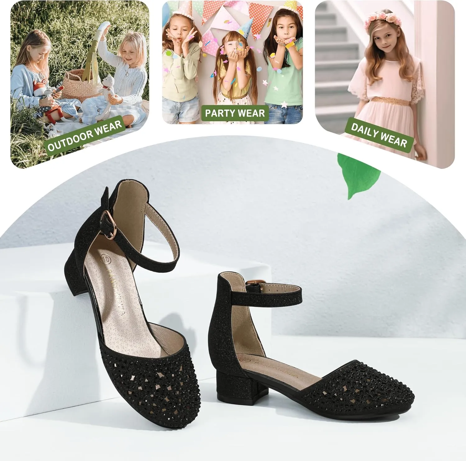 PANDANINJIA Girls Heels Dress Shoes Flower Girl Closed Toe Heels Ankle Strap Wedding Party School Miya Toddler Little Big Kid Pump Shoes