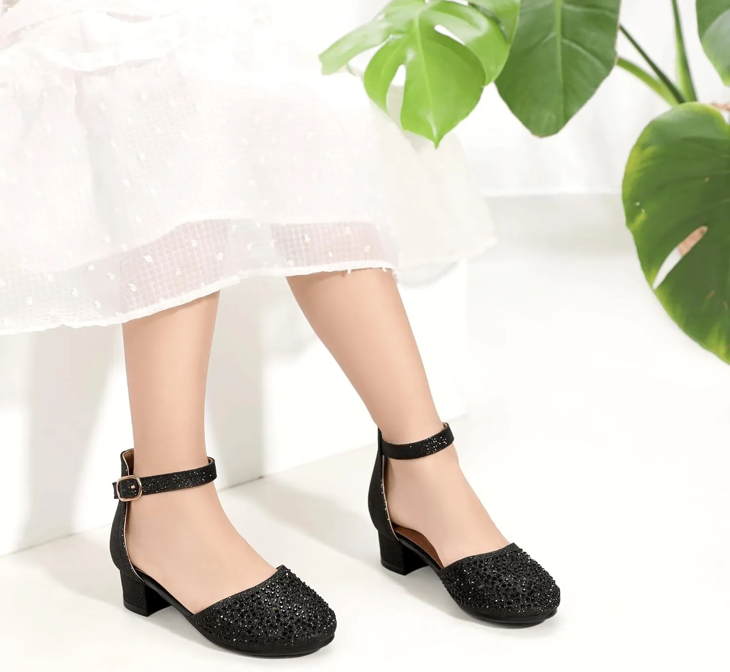 PANDANINJIA Girls Heels Dress Shoes Flower Girl Closed Toe Heels Ankle Strap Wedding Party School Miya Toddler Little Big Kid Pump Shoes