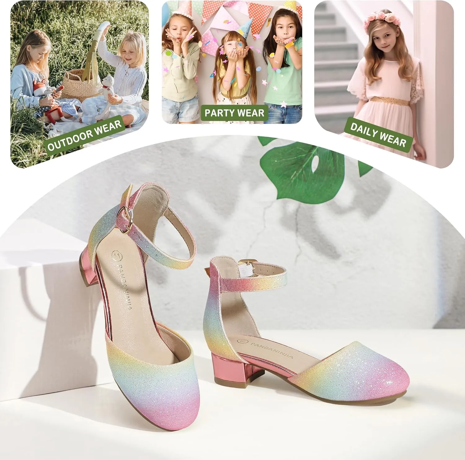PANDANINJIA Girls Heels Dress Shoes Flower Girl Closed Toe Heels Ankle Strap Wedding Party School Miya Toddler Little Big Kid Pump Shoes