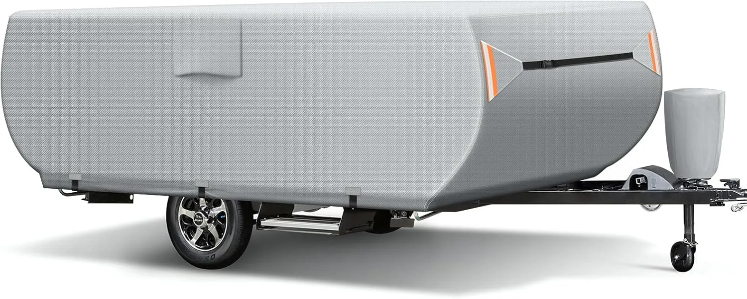 Pop Up Camper Cover, Upgraded 7 Layers Top Trailer Cover, Heavy Ripstop Waterproof Pop-up Cover with 3 Bottom Straps, Anti-UV Pop Up Folding Trailer Cover Fits 8' - 10' Trailers