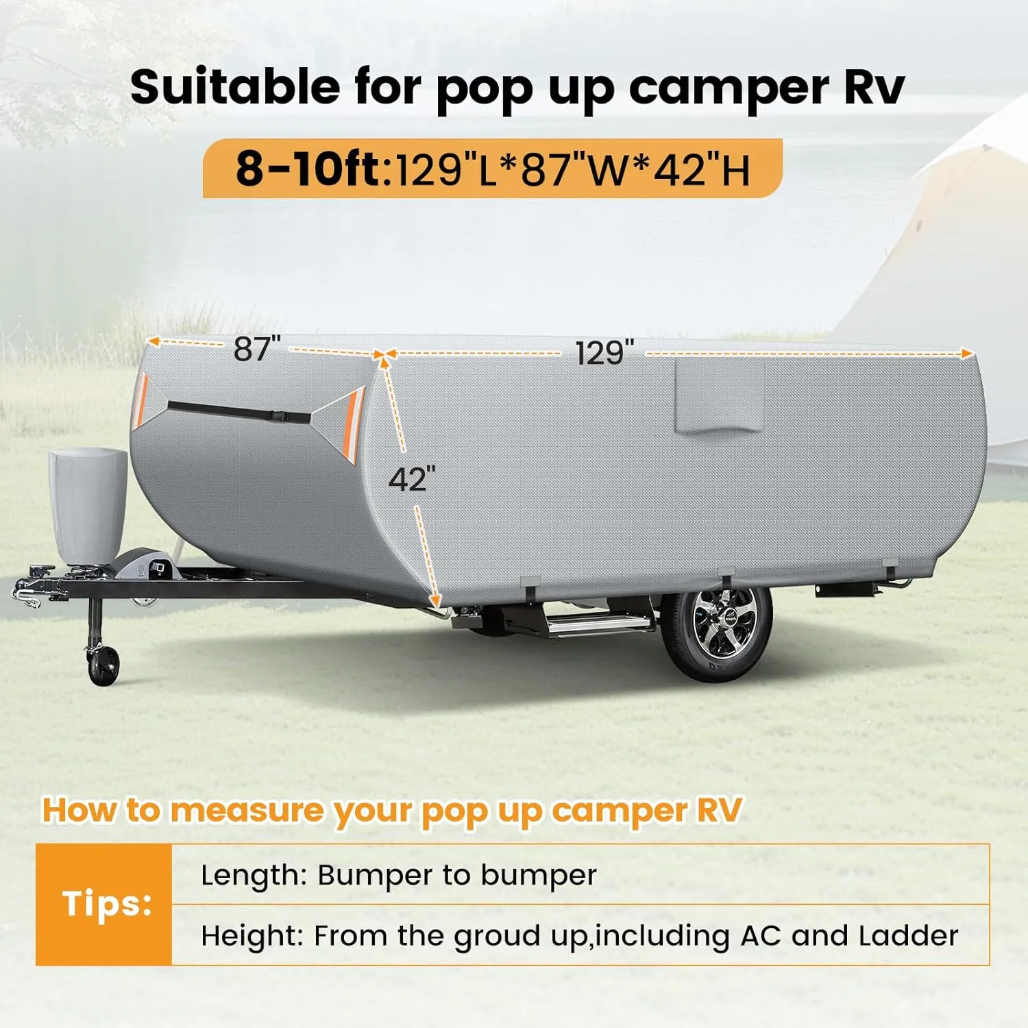 Pop Up Camper Cover, Upgraded 7 Layers Top Trailer Cover, Heavy Ripstop Waterproof Pop-up Cover with 3 Bottom Straps, Anti-UV Pop Up Folding Trailer Cover Fits 8' - 10' Trailers