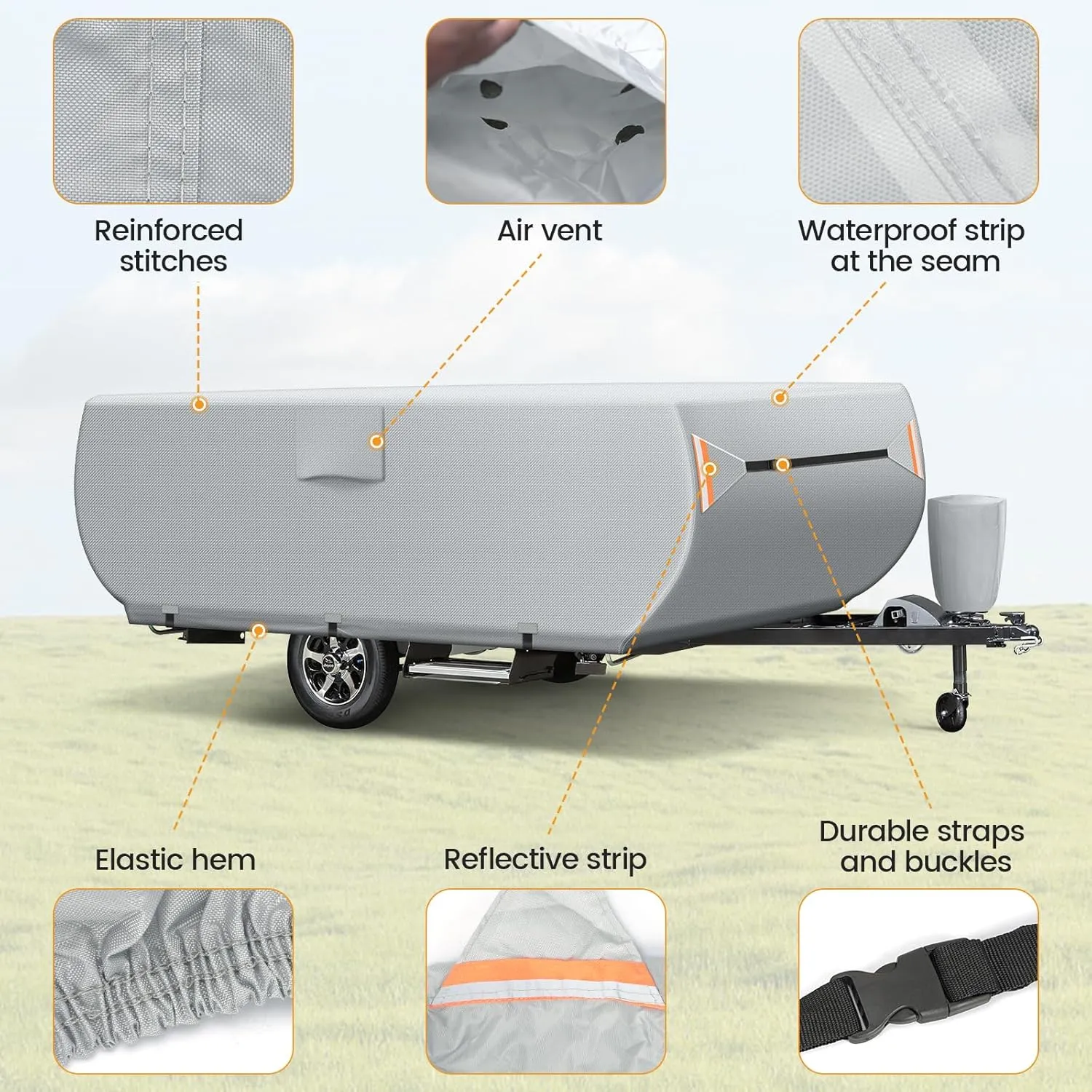 Pop Up Camper Cover, Upgraded 7 Layers Top Trailer Cover, Heavy Ripstop Waterproof Pop-up Cover with 3 Bottom Straps, Anti-UV Pop Up Folding Trailer Cover Fits 8' - 10' Trailers