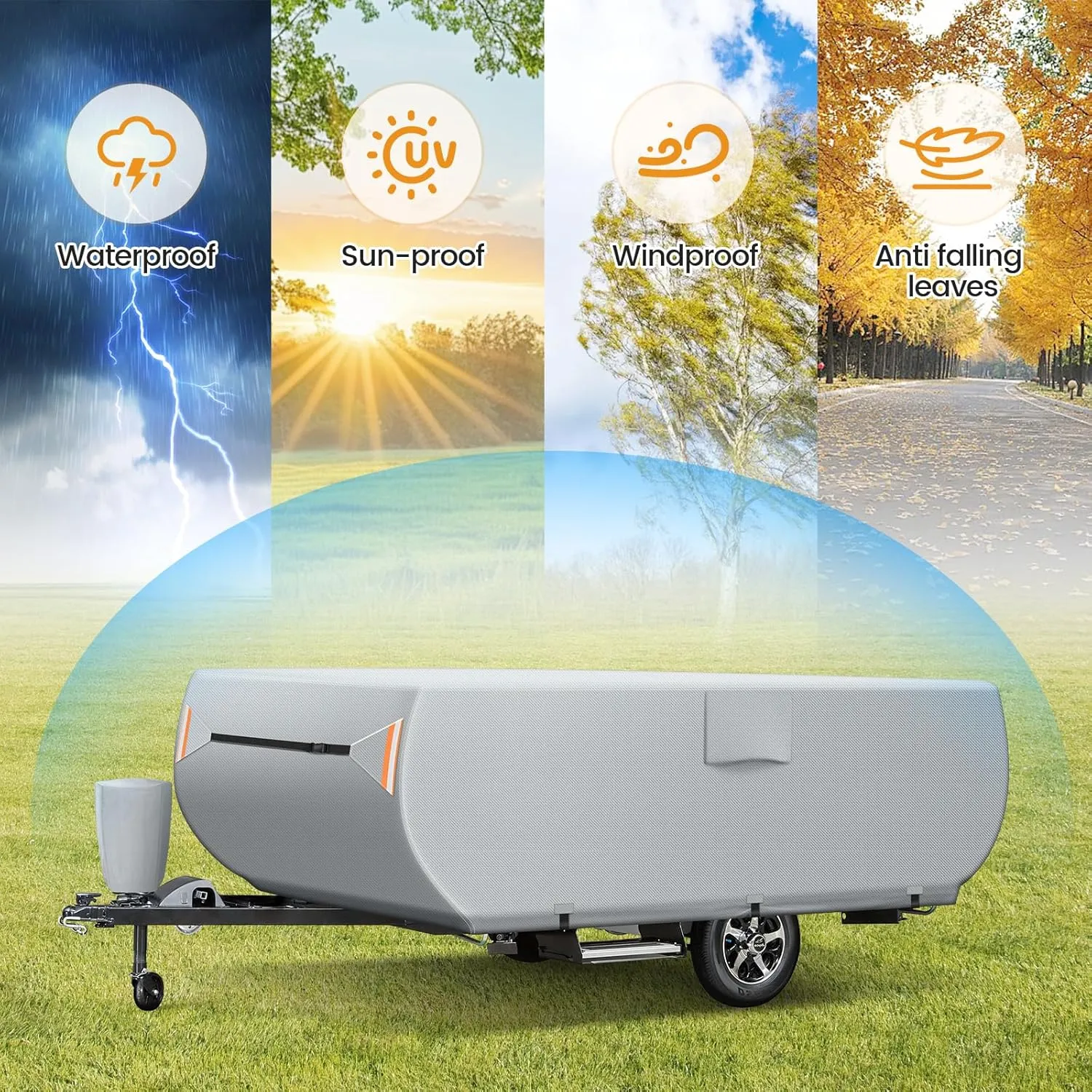 Pop Up Camper Cover, Upgraded 7 Layers Top Trailer Cover, Heavy Ripstop Waterproof Pop-up Cover with 3 Bottom Straps, Anti-UV Pop Up Folding Trailer Cover Fits 8' - 10' Trailers