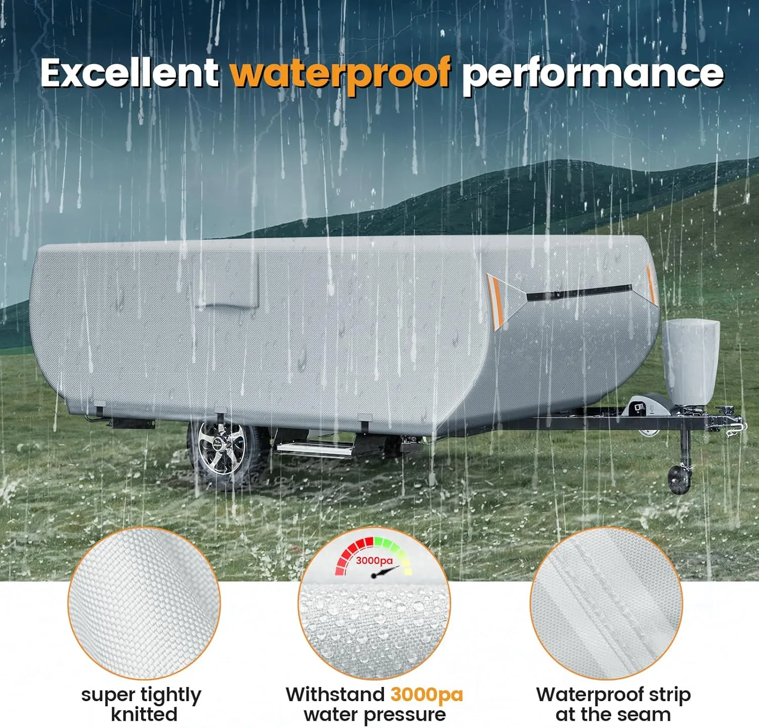 Pop Up Camper Cover, Upgraded 7 Layers Top Trailer Cover, Heavy Ripstop Waterproof Pop-up Cover with 3 Bottom Straps, Anti-UV Pop Up Folding Trailer Cover Fits 8' - 10' Trailers