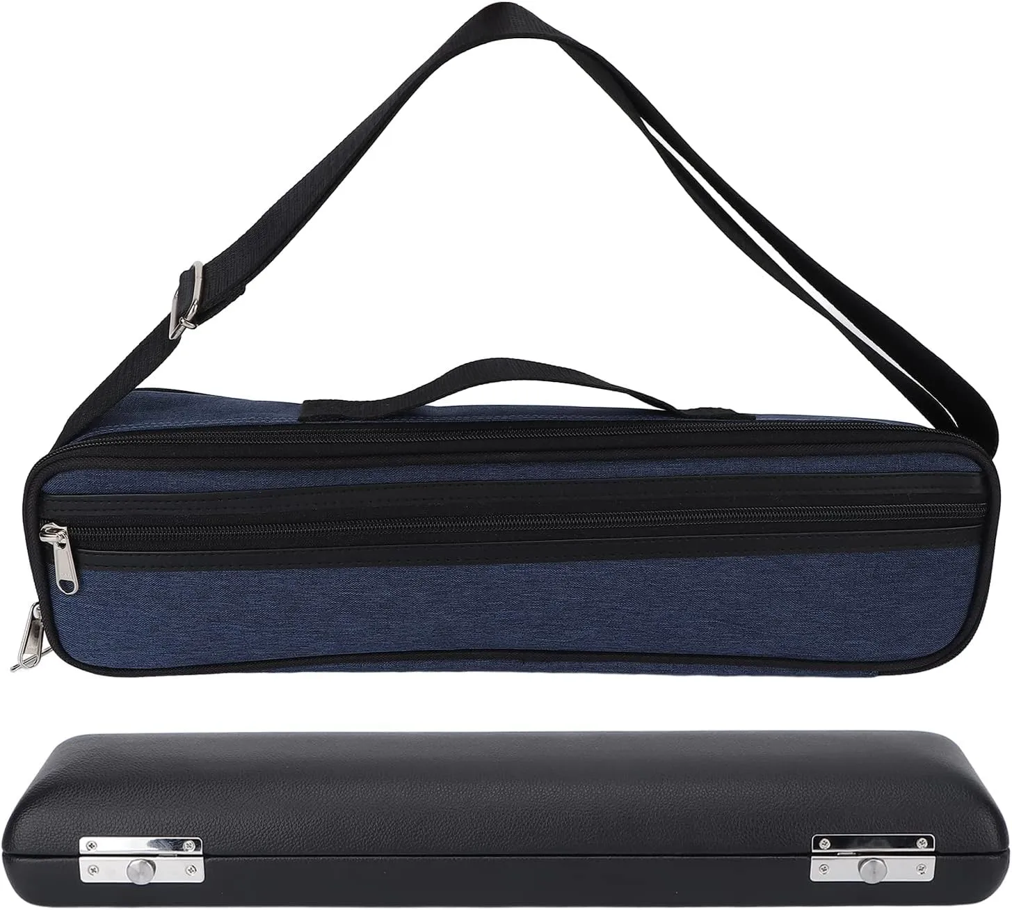 Portable 17 Hole Flute Case Bag, Lightweight Oxford Cloth Exterior, PU Leather Padding, sturdy Hardware, Crossbody or Handheld, Black Blue