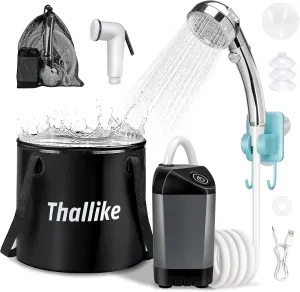 Portable Camping Shower, 4500mAh Rechargeable Shower Pump, 3-Mode Filtered Shower Head & 7.4 Gallons Foldable Bucket, Outdoor Shower for Hiking Beach, Travel, Pet Bath, Car Washing & Surf