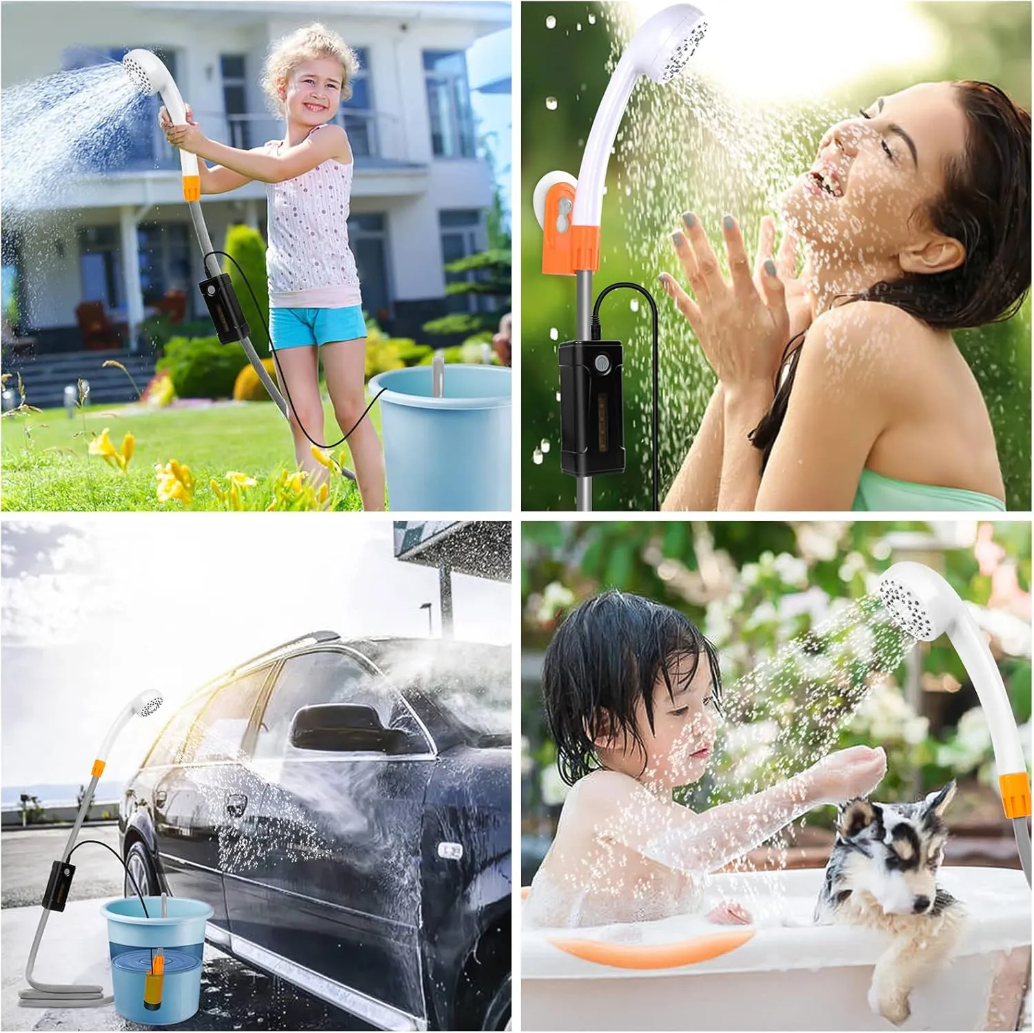 portable outdoor shower, battery driven shower pump, LED lighting, portable shower pump, draws water from a bucket into a stable and gentle shower flow,used for beaches,camping,gardens,hiking,