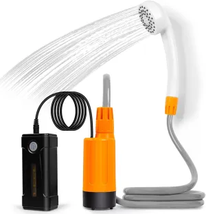 portable outdoor shower, battery driven shower pump, LED lighting, portable shower pump, draws water from a bucket into a stable and gentle shower flow,used for beaches,camping,gardens,hiking,