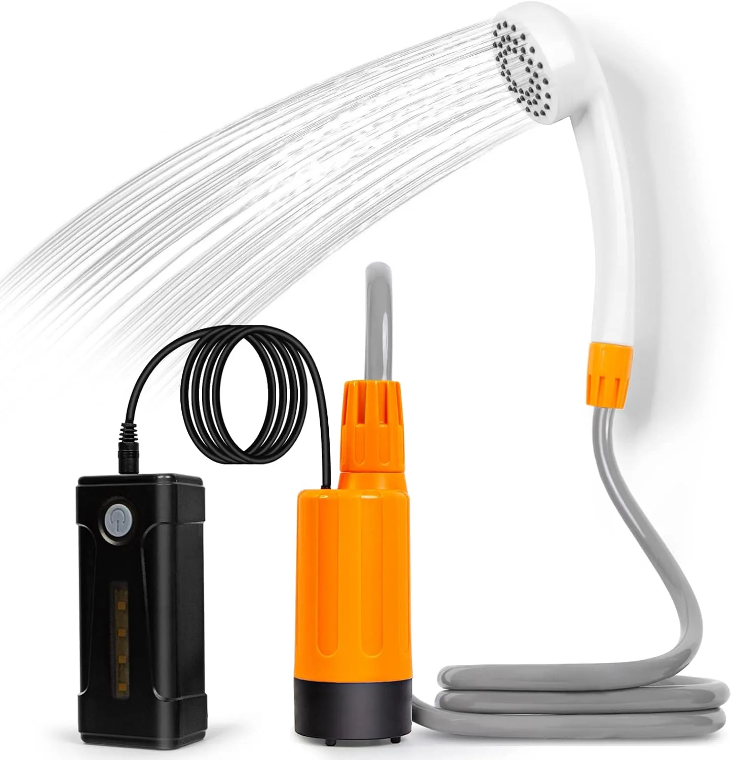portable outdoor shower, battery driven shower pump, LED lighting, portable shower pump, draws water from a bucket into a stable and gentle shower flow,used for beaches,camping,gardens,hiking,
