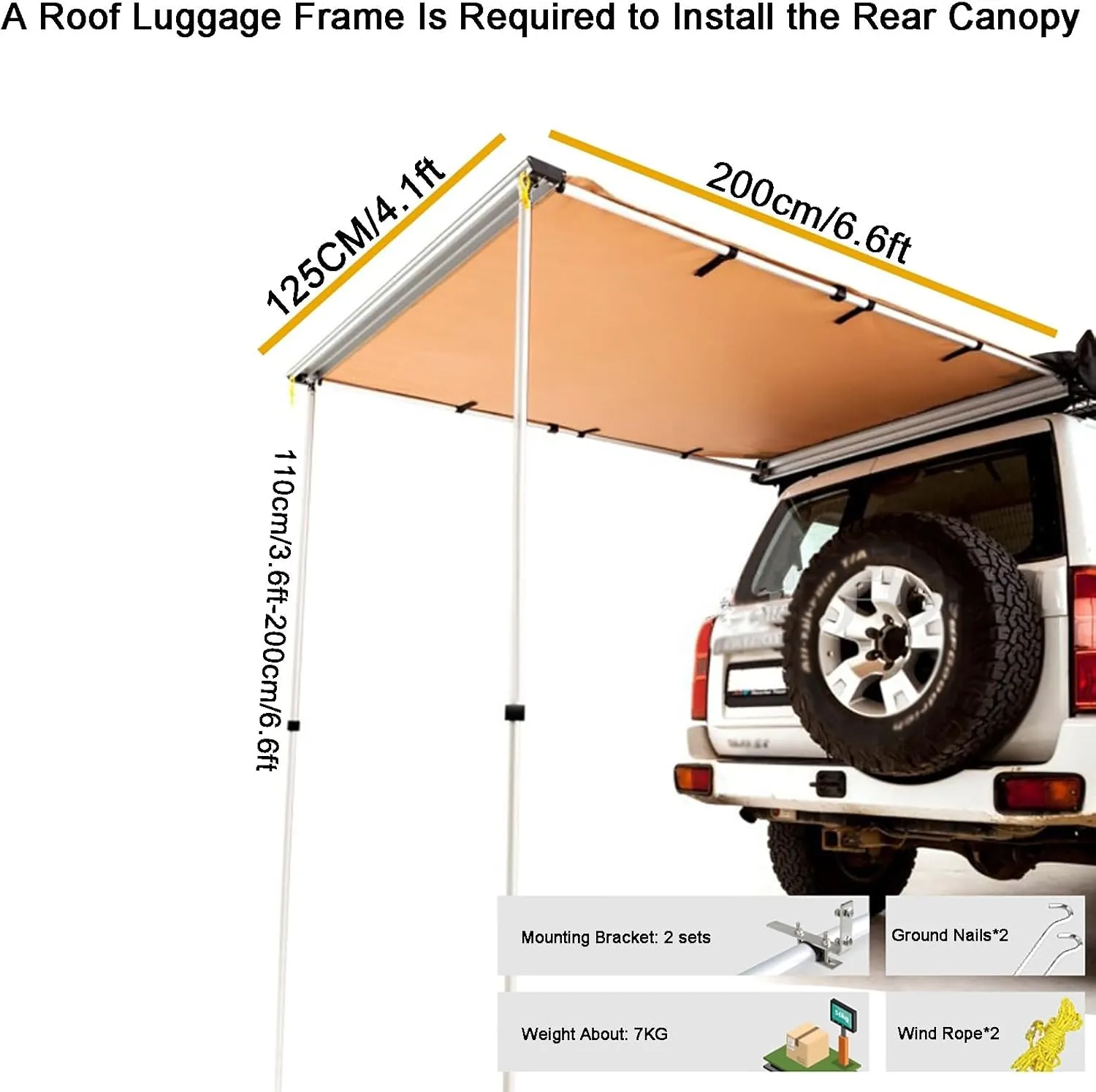 Portable Vehicle Awning, Weatherproof 4x4 Side Sunshade for Camping, Car Awning with Adjustable Hardware for Outdoor Trips, Travel, Expedition, RV(125x200cm/4.1x6.6ft)
