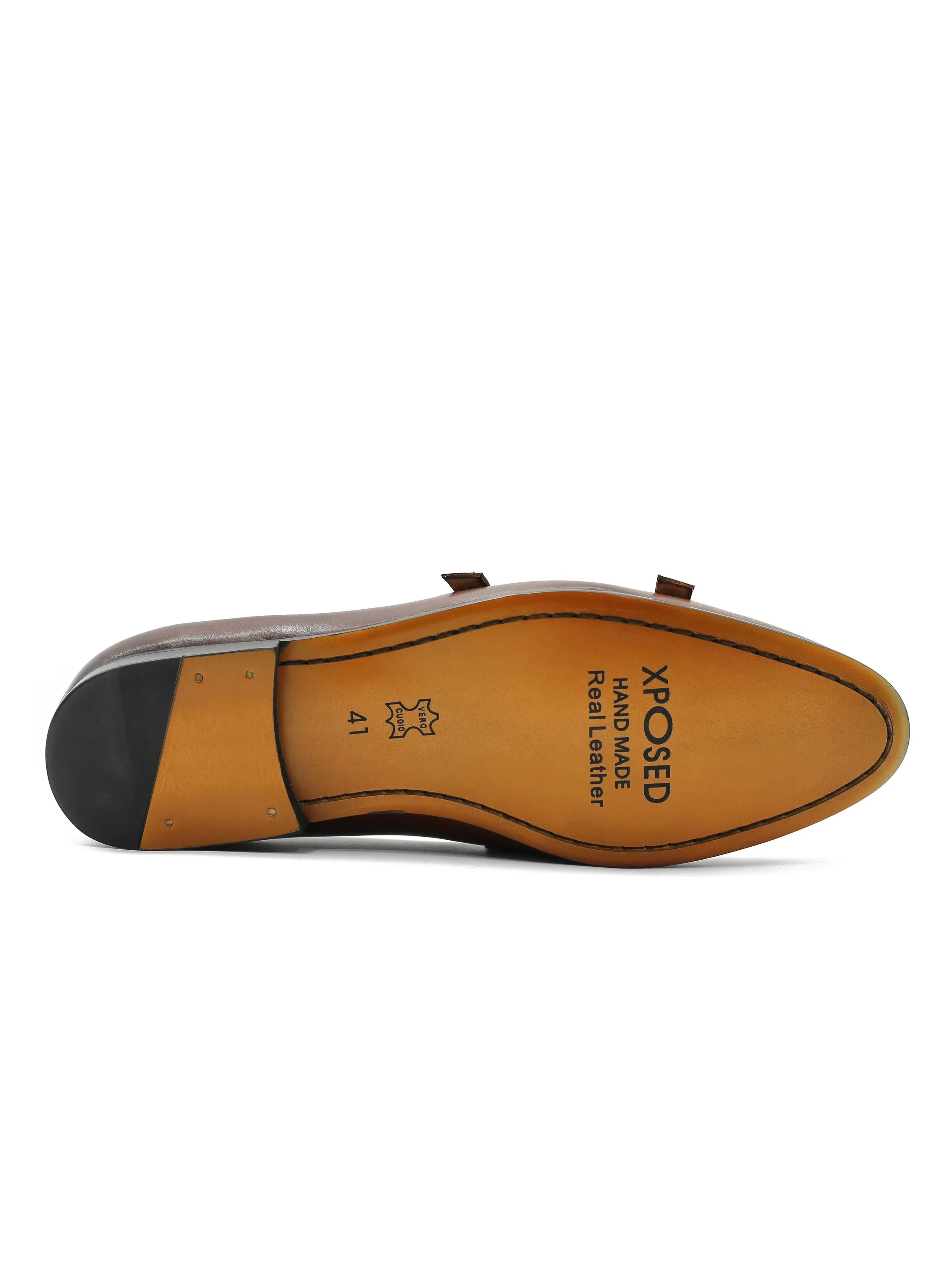 Real Leather Double Monk Strap Brown Loafers