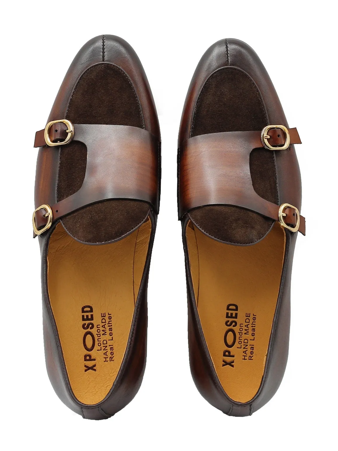 Real Leather Double Monk Strap Brown Loafers
