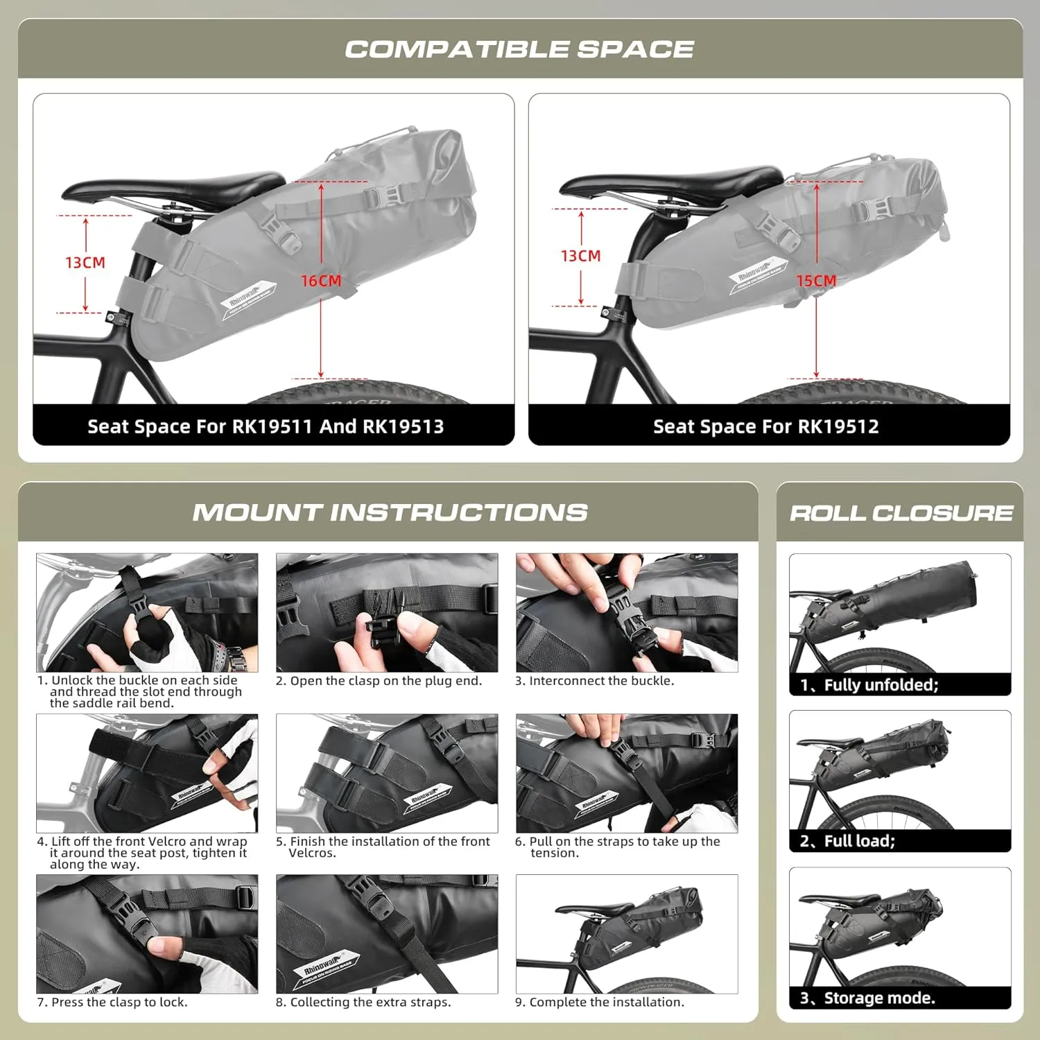 Rhinowalk Bike Saddle Bag 1.5/2.5/5/10/13L Waterproof Bicycle Bag Cycling Seat Bag Mountain Road Portable Storage Bag