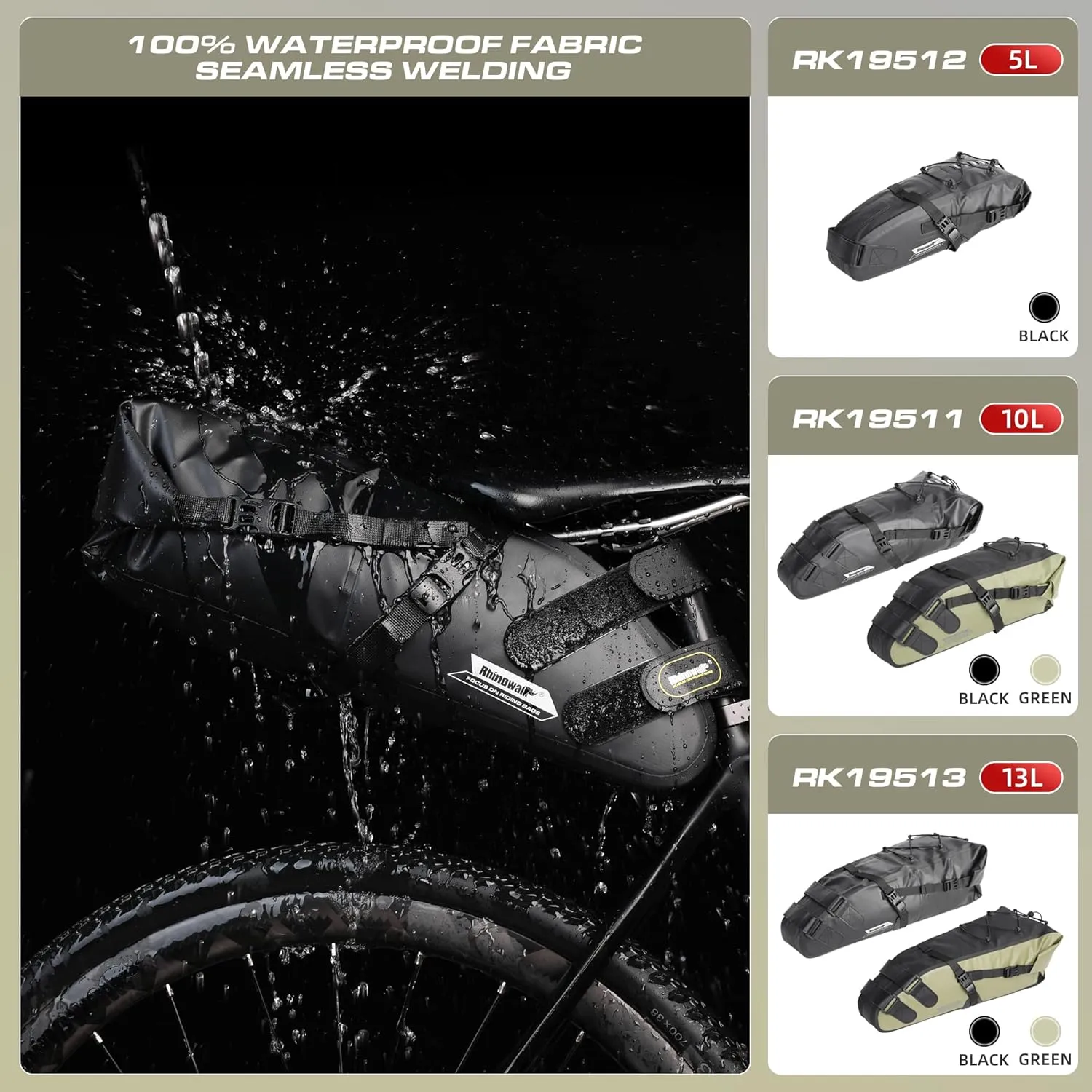 Rhinowalk Bike Saddle Bag 1.5/2.5/5/10/13L Waterproof Bicycle Bag Cycling Seat Bag Mountain Road Portable Storage Bag