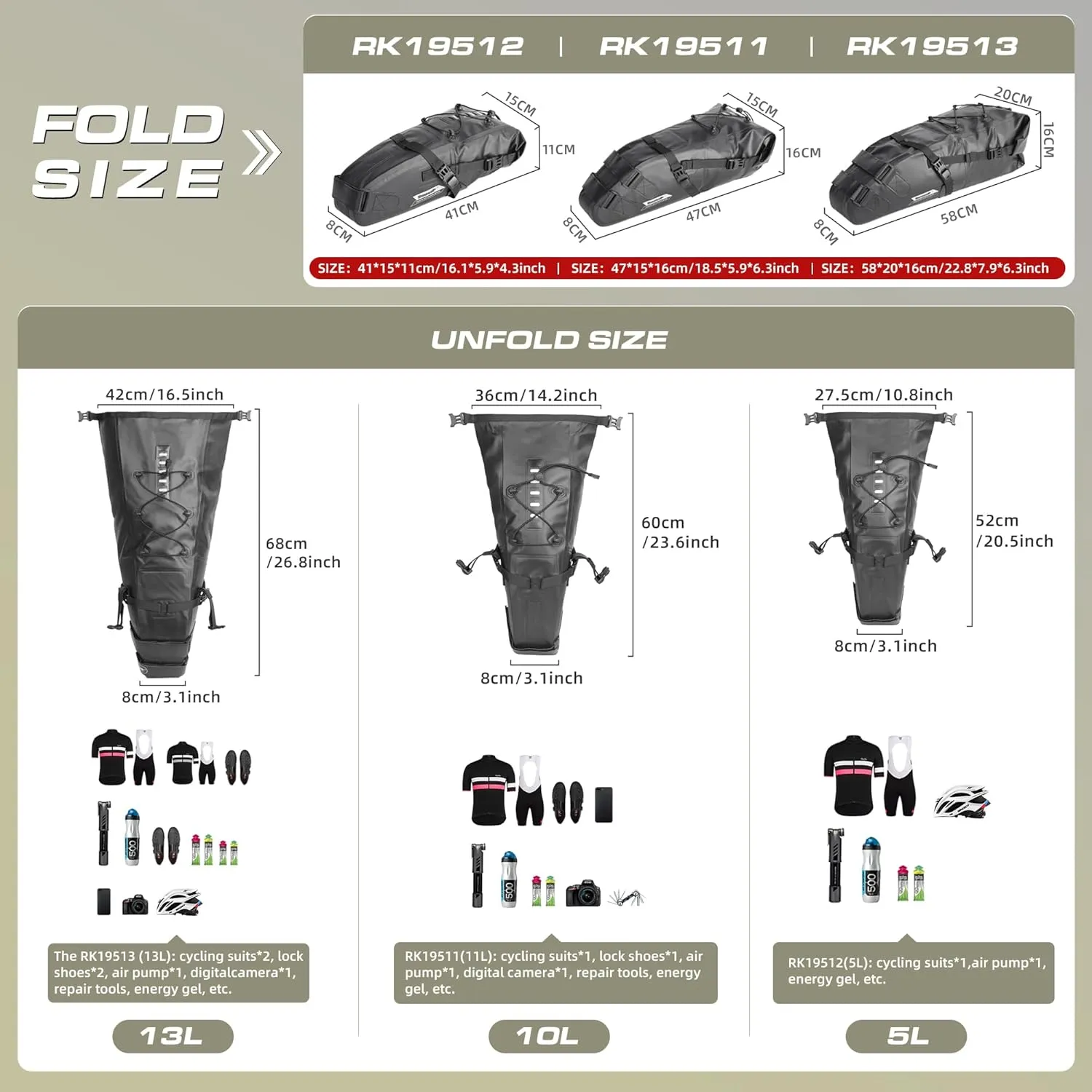 Rhinowalk Bike Saddle Bag 1.5/2.5/5/10/13L Waterproof Bicycle Bag Cycling Seat Bag Mountain Road Portable Storage Bag