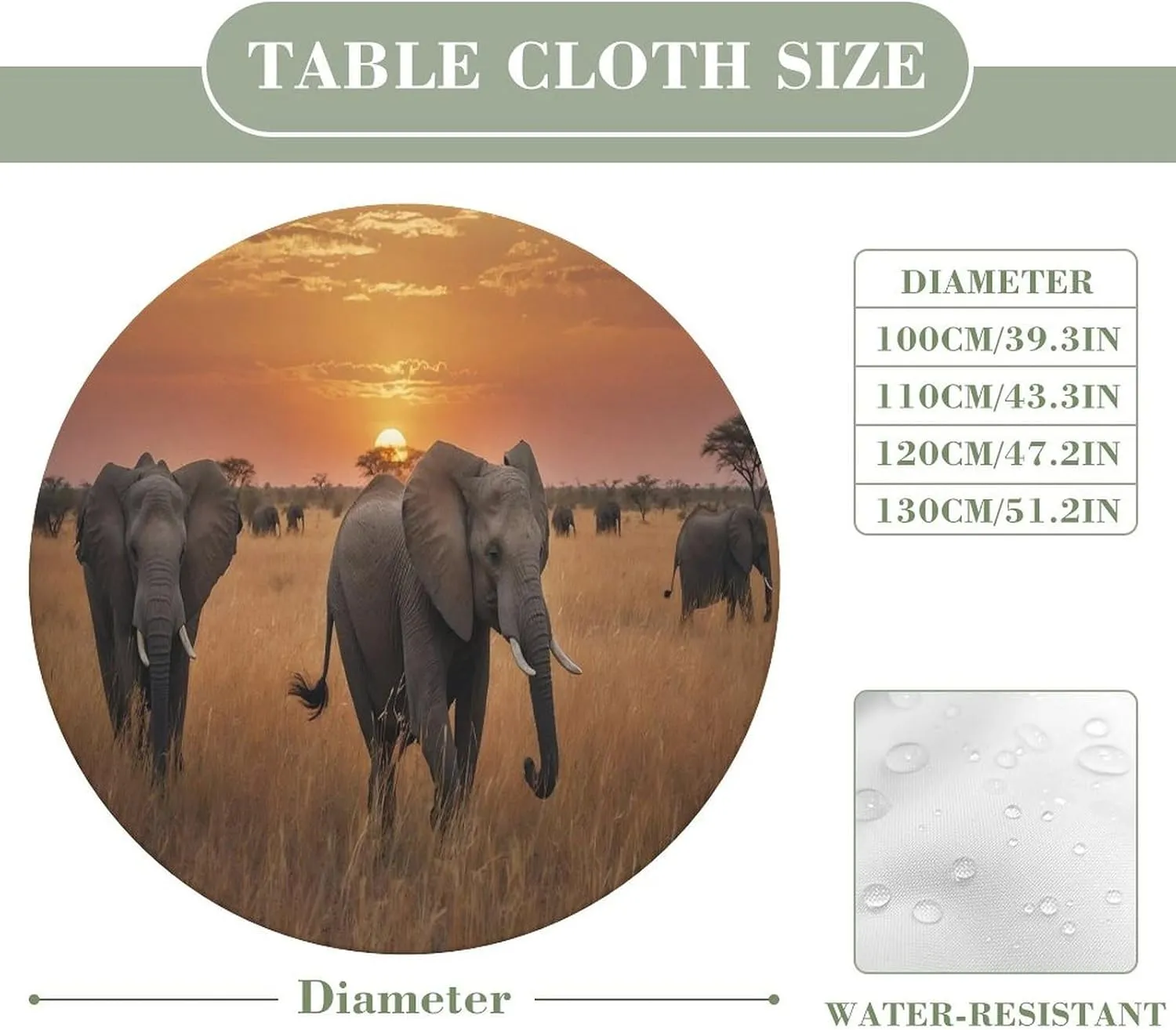 Round Fitted Tablecloth with Elastic, Elephant Sunset Grassland Small Outdoor Tablecloth, Waterproof Plastic Picnic Table Cover, Stretch Vinyl Patio Table Cloth for Camping Fits 30"-39"